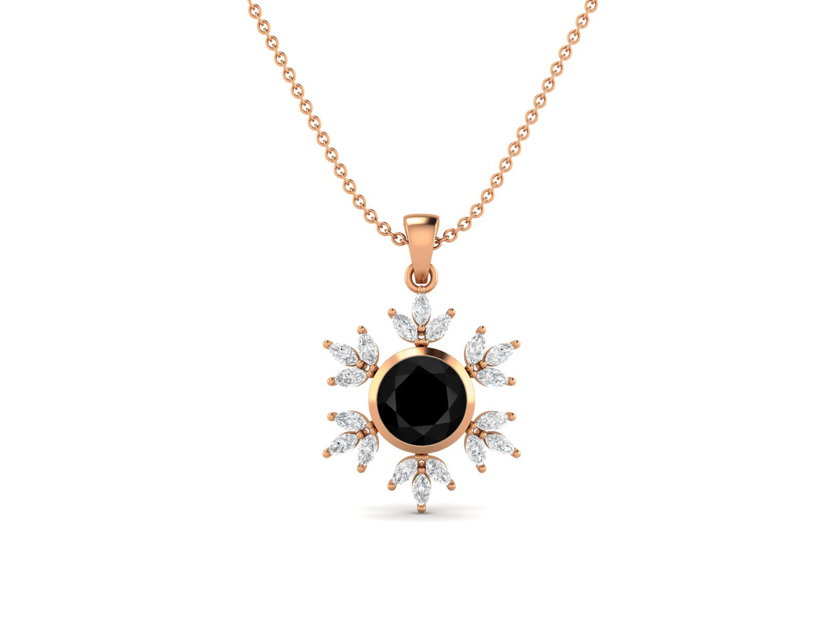 Black Spinel Snowflake Starburst Design Necklace - Sterling Silver
