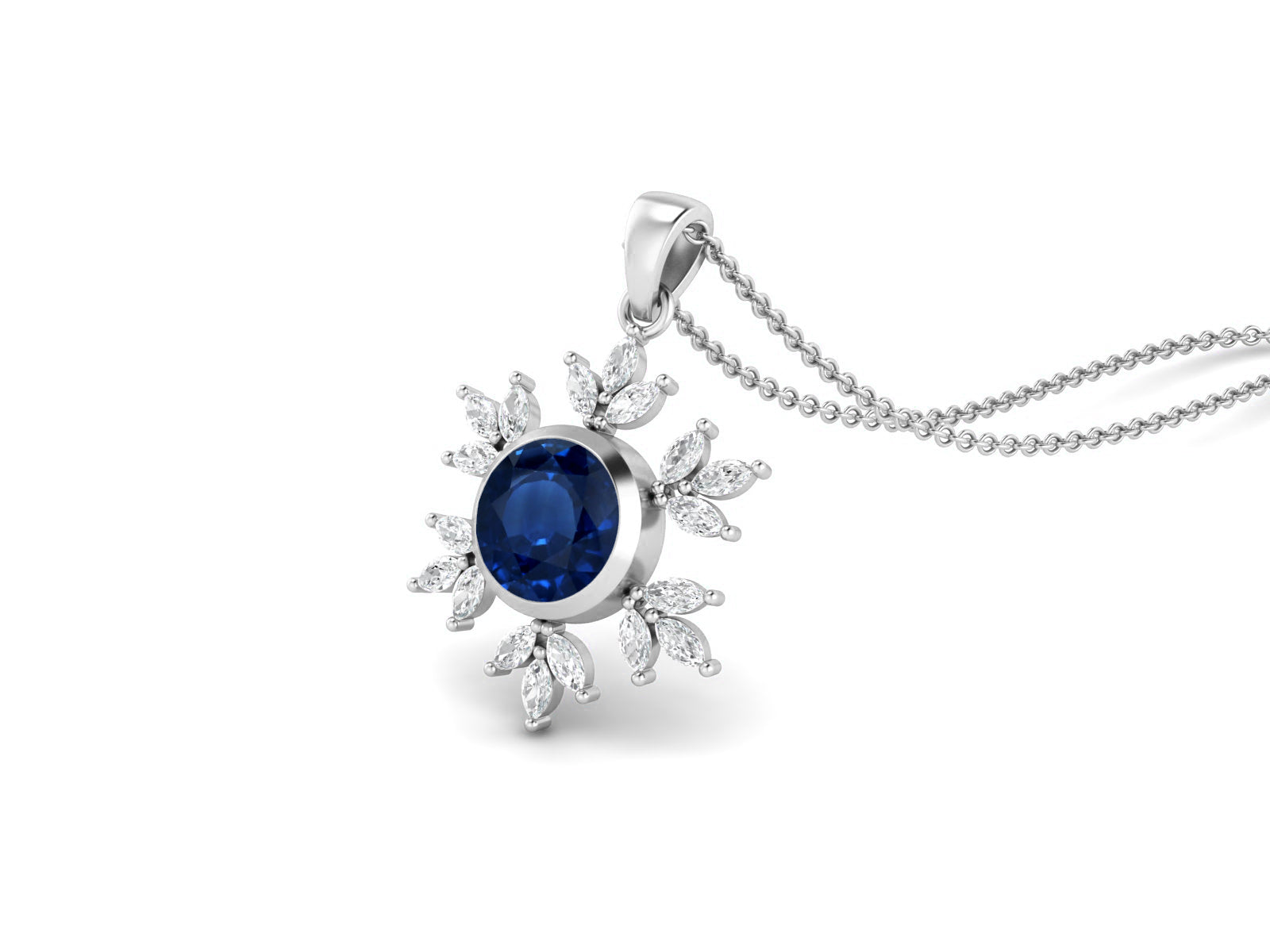 Blue Sapphire Snowflake Starburst Design Necklace - Sterling Silver