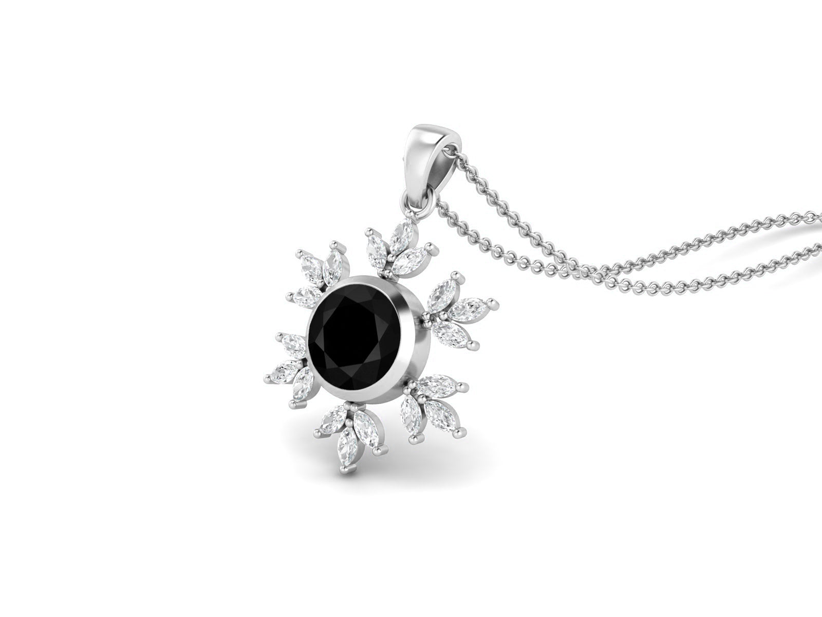 Black Spinel Snowflake Starburst Design Necklace - Sterling Silver