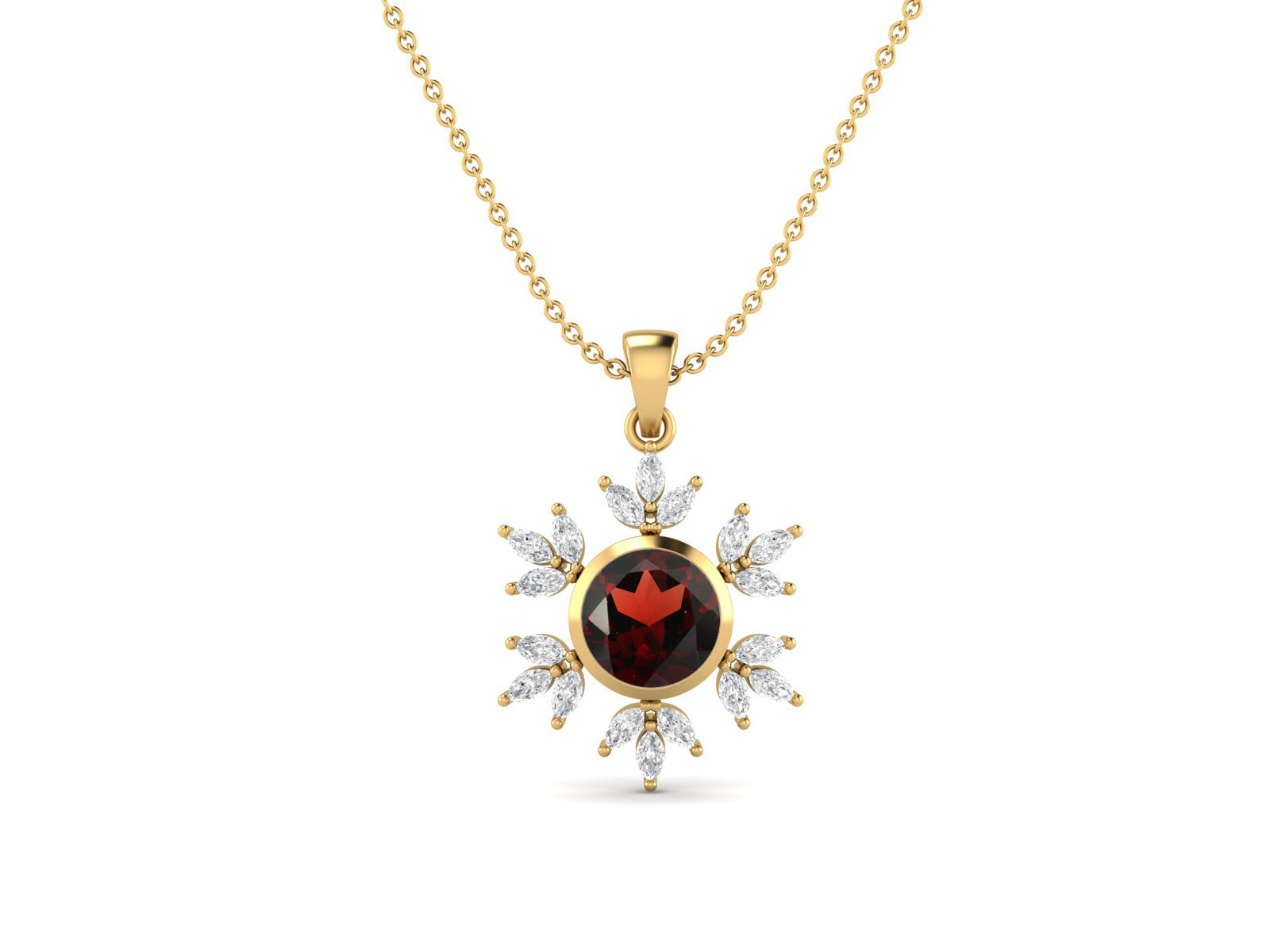 Garnet Snowflake Starburst Design Necklace - Sterling Silver