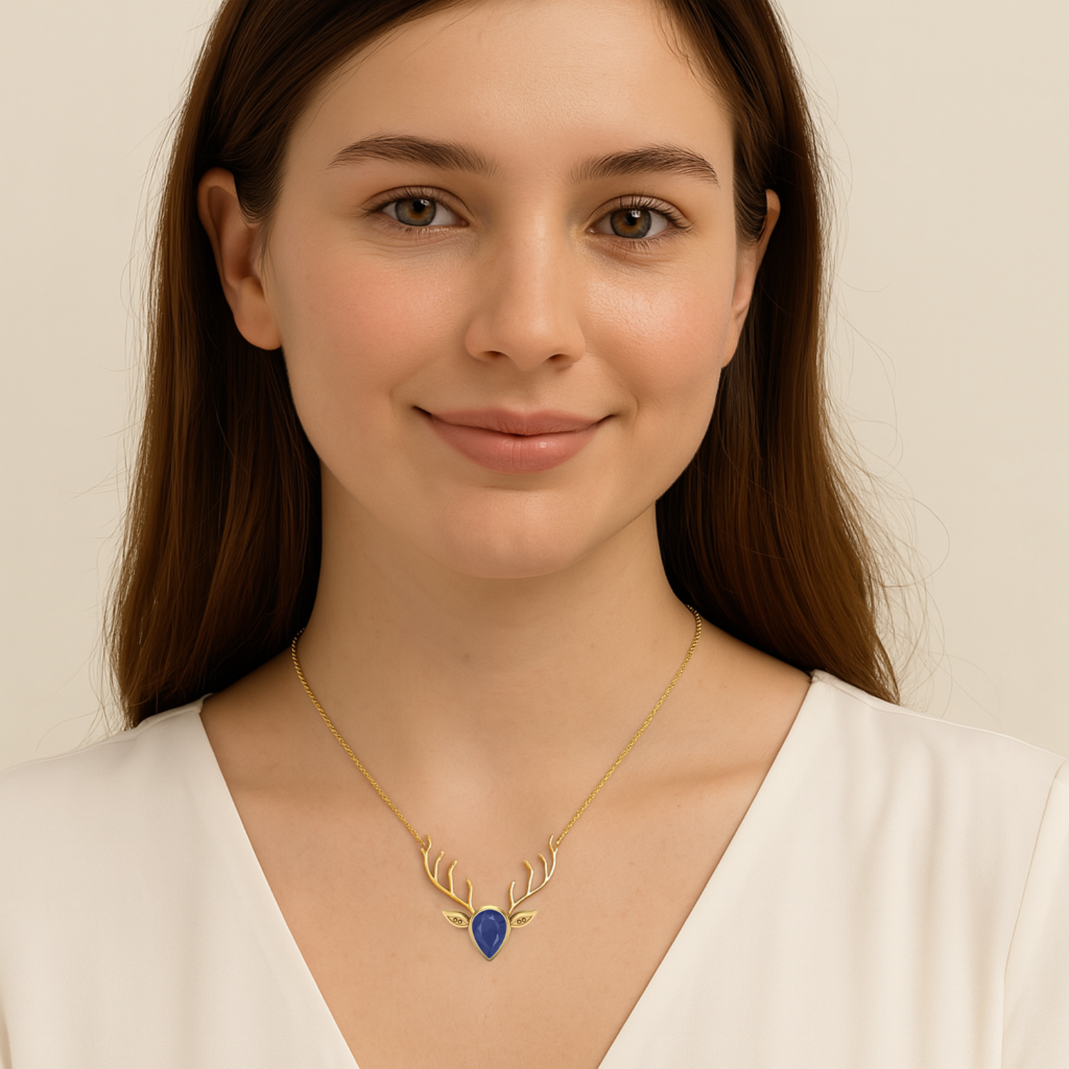 Blue Sapphire Stag Head Necklace - 9K Yellow Gold