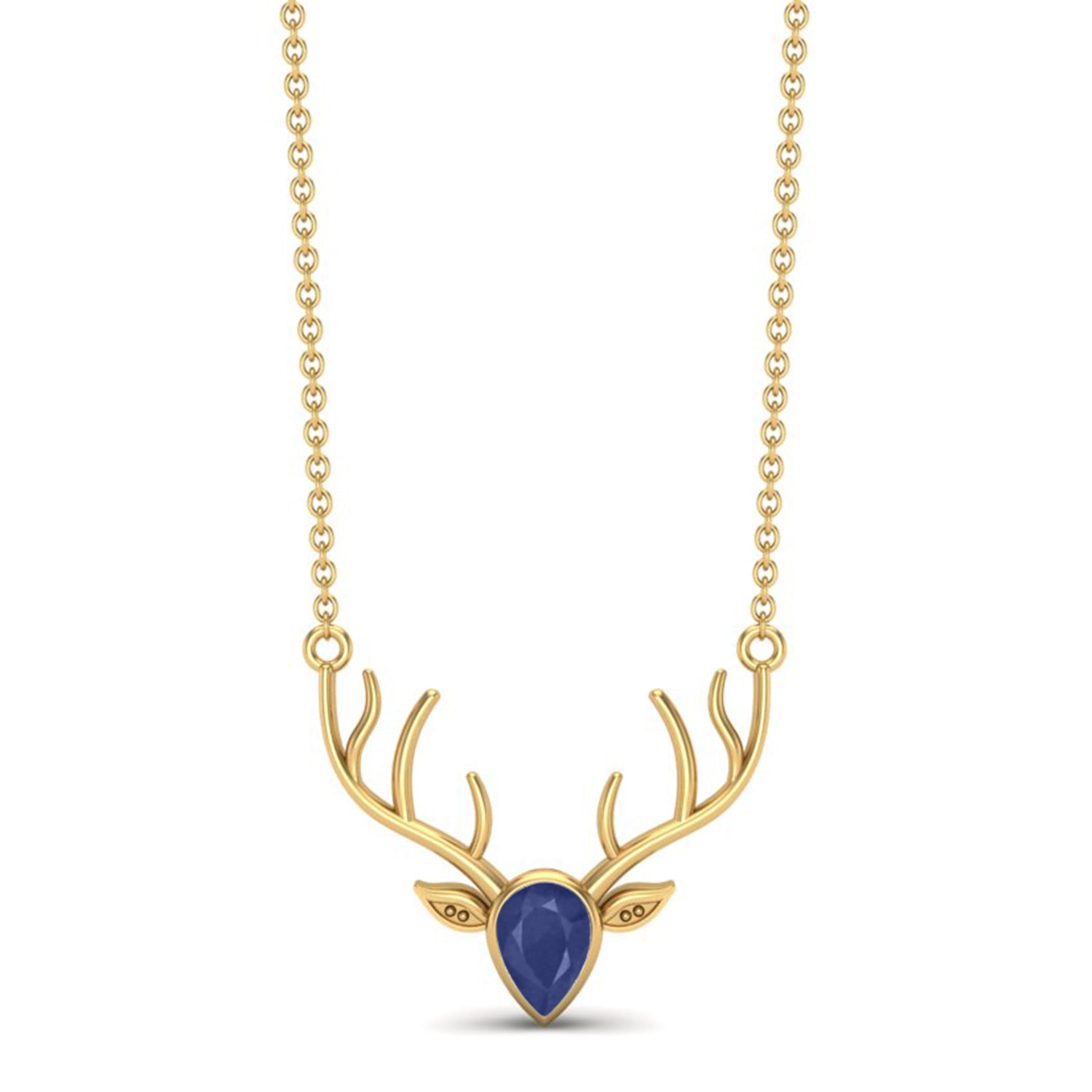 Blue Sapphire Stag Head Necklace - 9K Yellow Gold