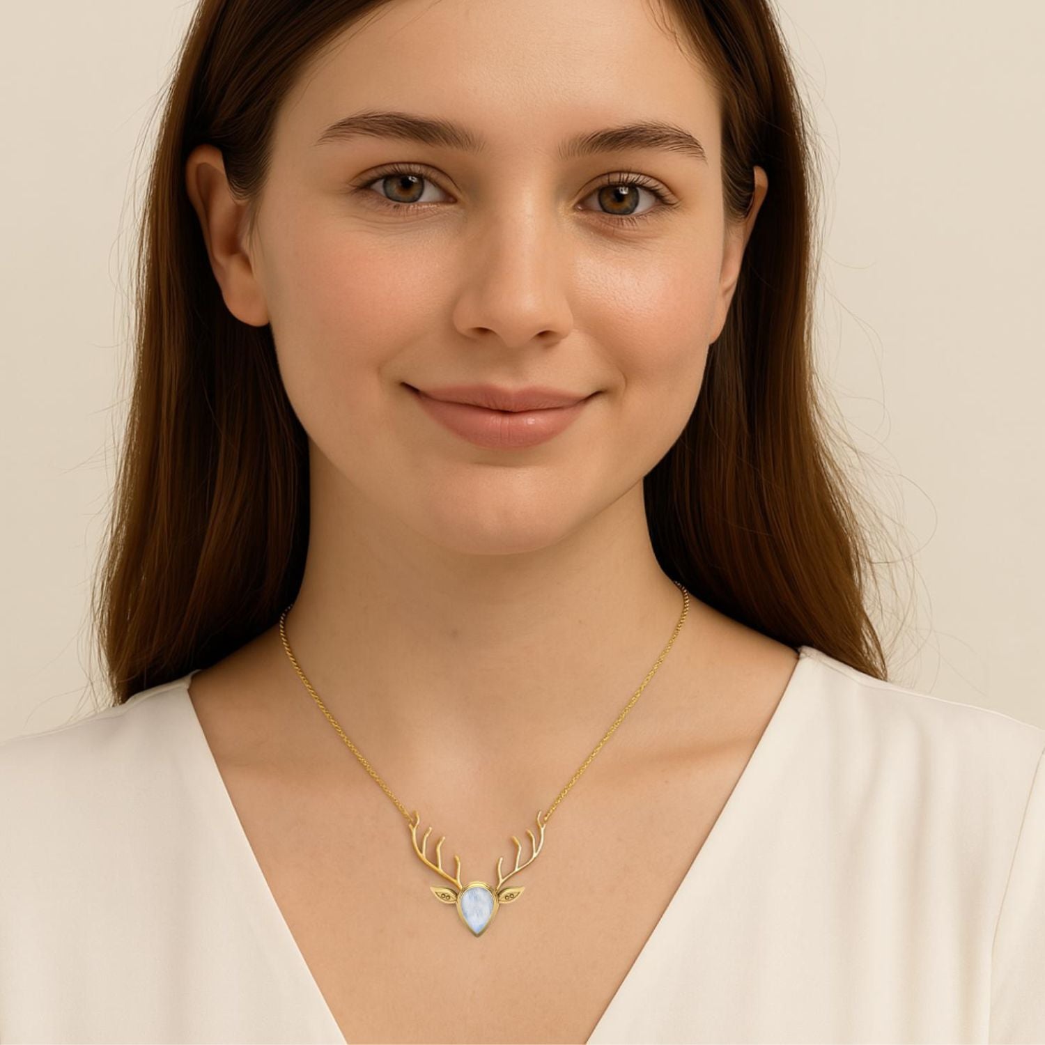 Collana con ciondolo a forma di testa di cervo realistica in argento sterling 925, pietra di luna, ciondolo a forma di animale