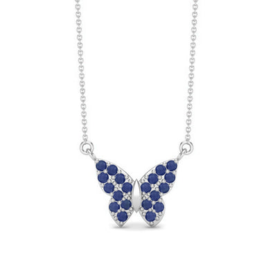 Round Natural Blue Sapphire Gemstone 925 Sterling Silver Butterfly Women's Chain Necklace