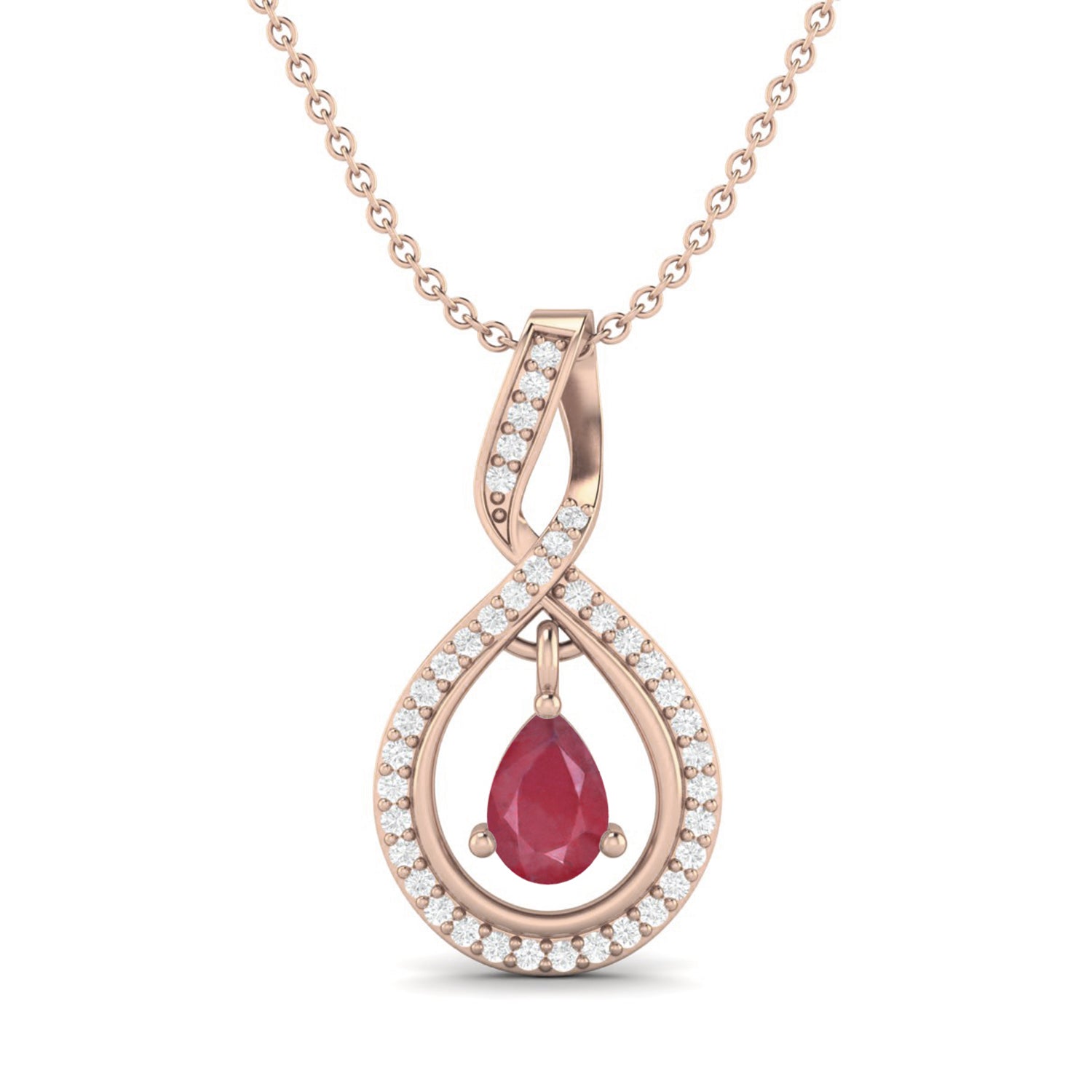Ruby 0.85 Ct Pear Infinity Halo Pendant Necklace - 14K Yellow Gold