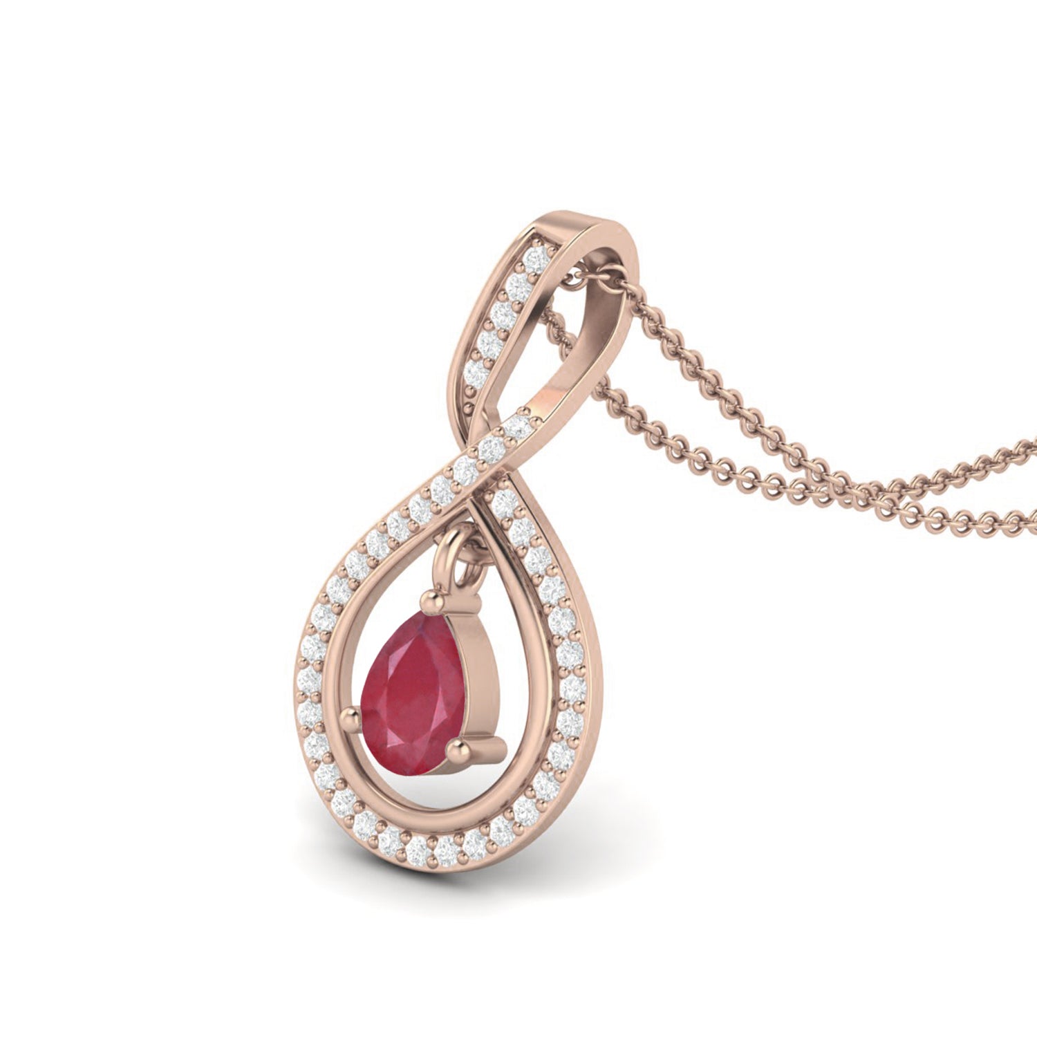 Ruby 0.85 Ct Pear Infinity Halo Pendant Necklace - 14K Yellow Gold