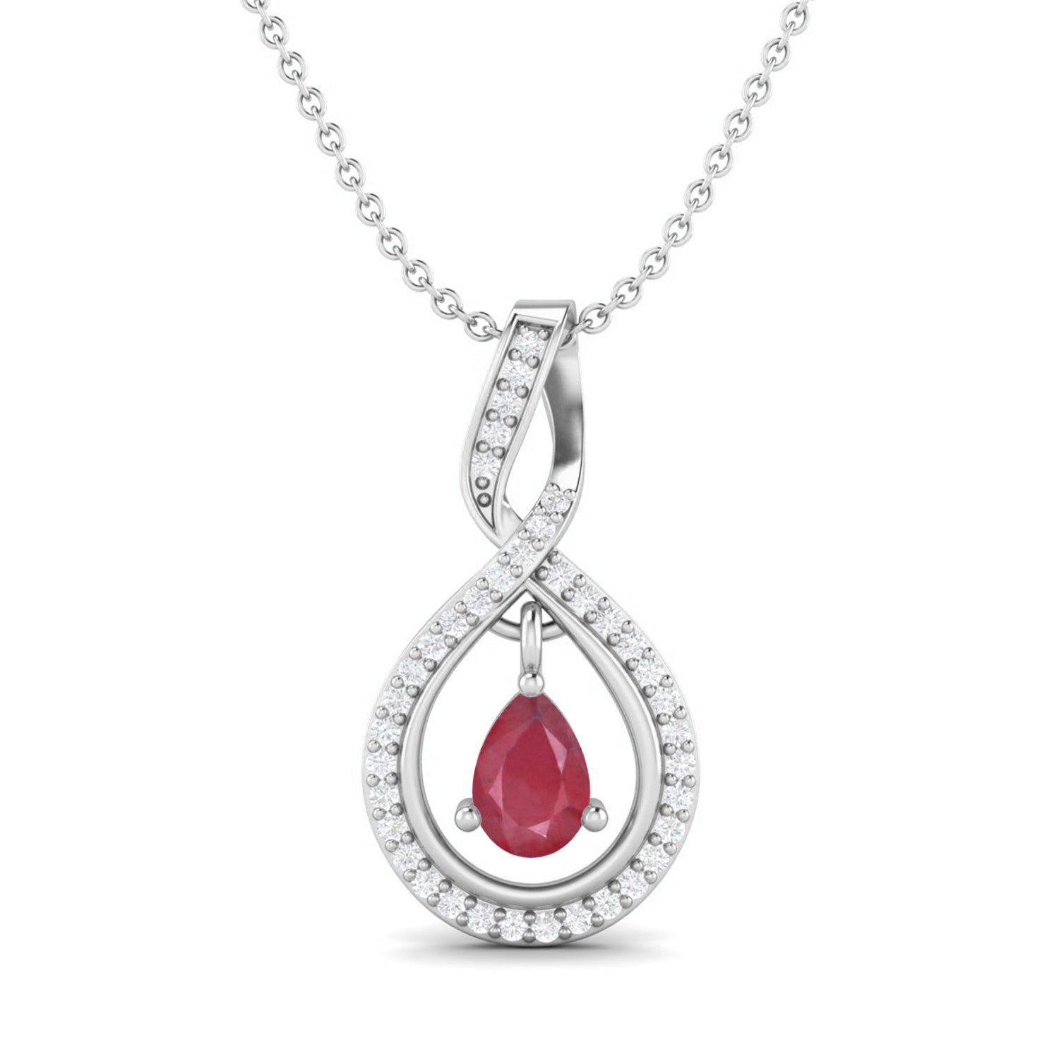 Ruby 0.85 Ct Pear Infinity Halo Pendant Necklace - 14K Yellow Gold