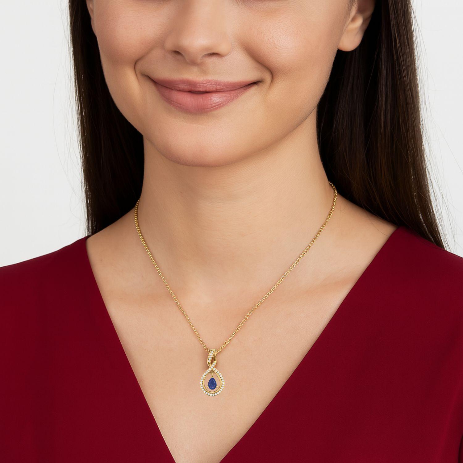 Collana con ciondolo a goccia in zaffiro blu a forma di pera, catena in argento sterling 925 e topazio bianco