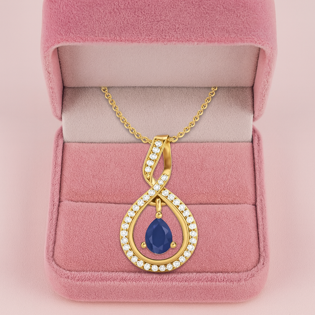 Blue Sapphire Pear 0.70 Ct Infinity Teardrop Halo Pendant -14k Yellow Gold
