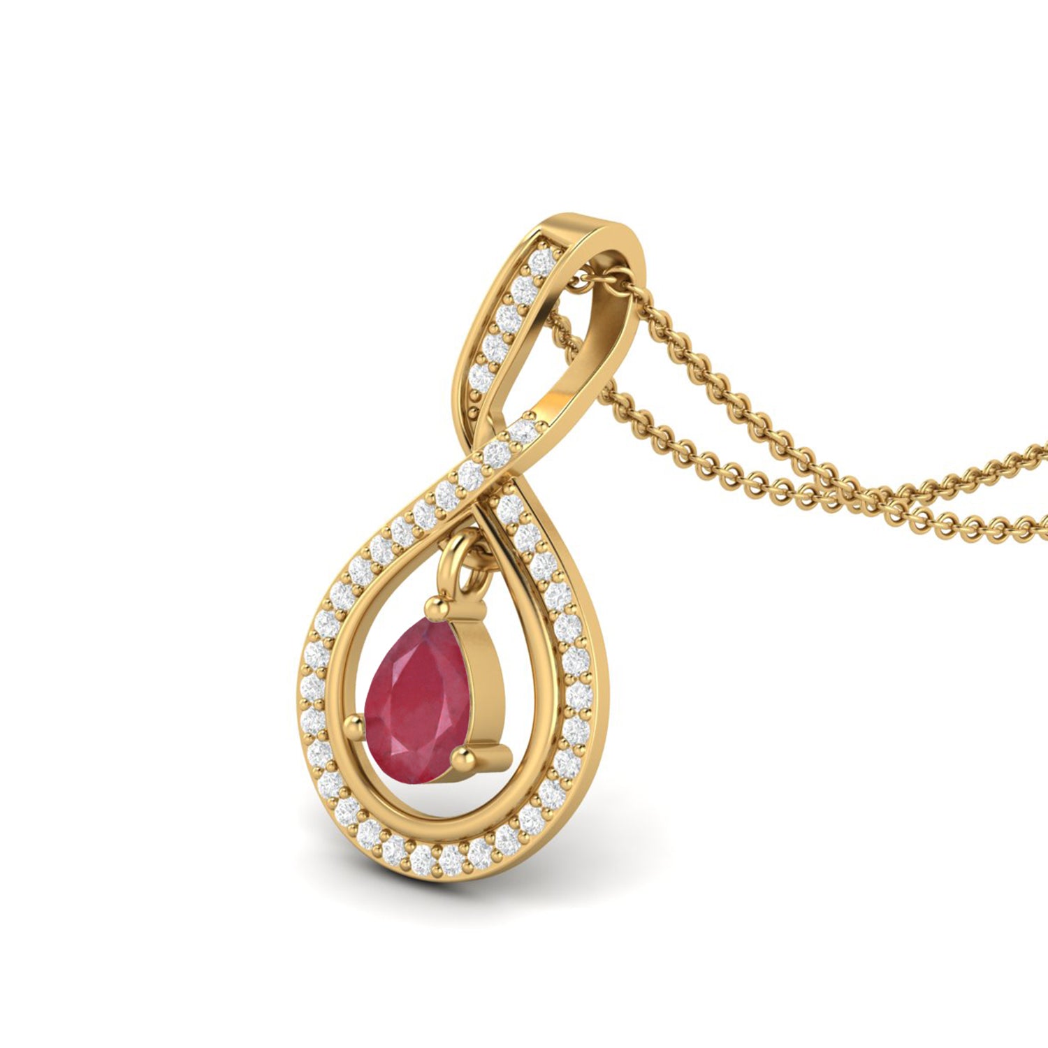 Ruby 0.85 Ct Pear Infinity Halo Pendant Necklace - 14K Yellow Gold