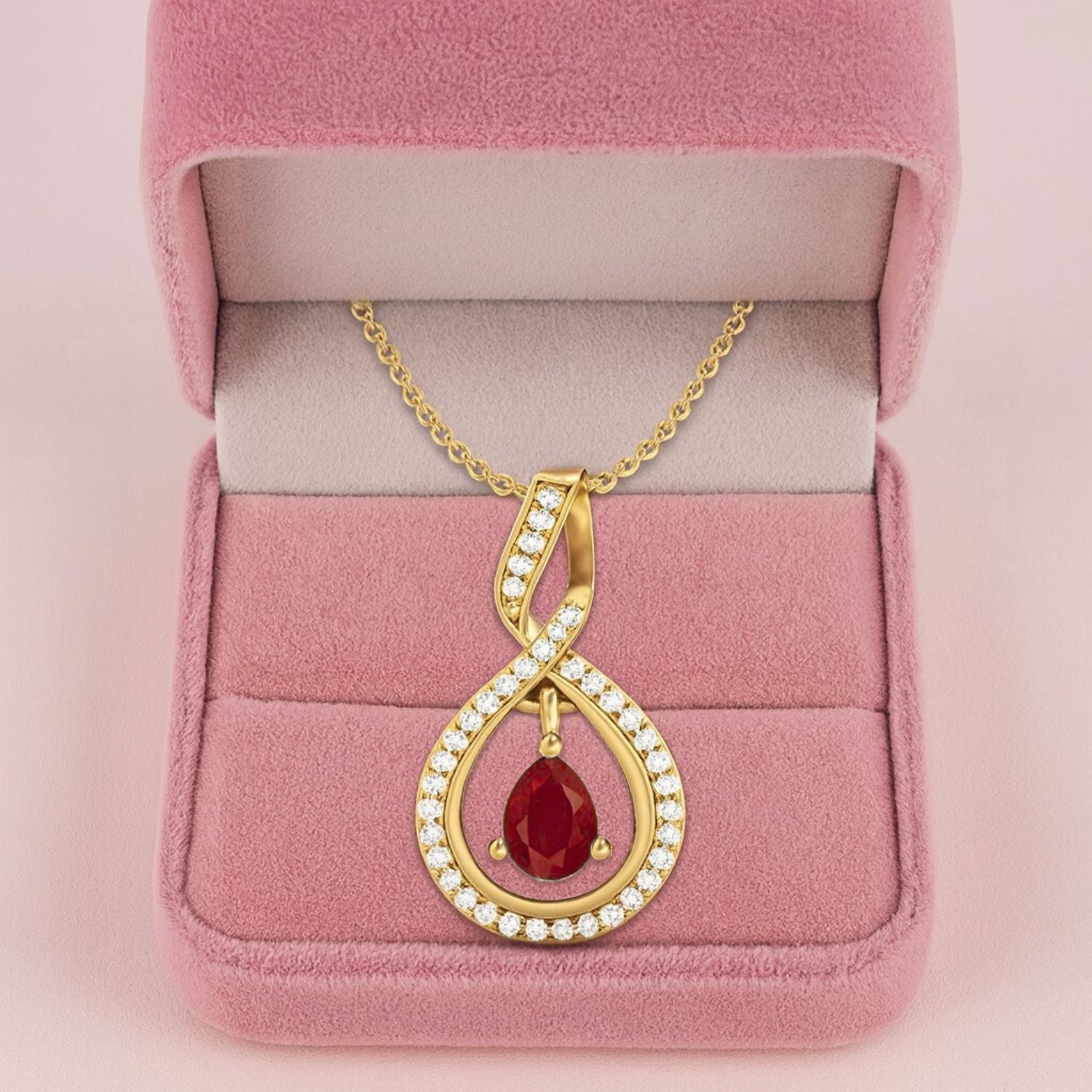 Ruby 0.85 Ct Pear Infinity Halo Pendant Necklace - 14K Yellow Gold