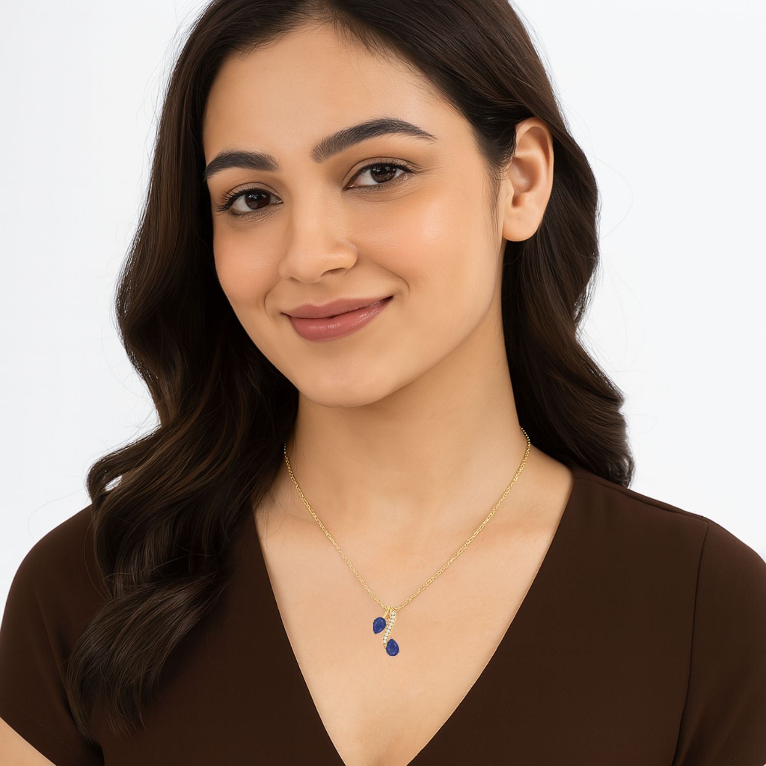 Blue Sapphire Dual Drop Wave Design Pendant - 9K Yellow Gold