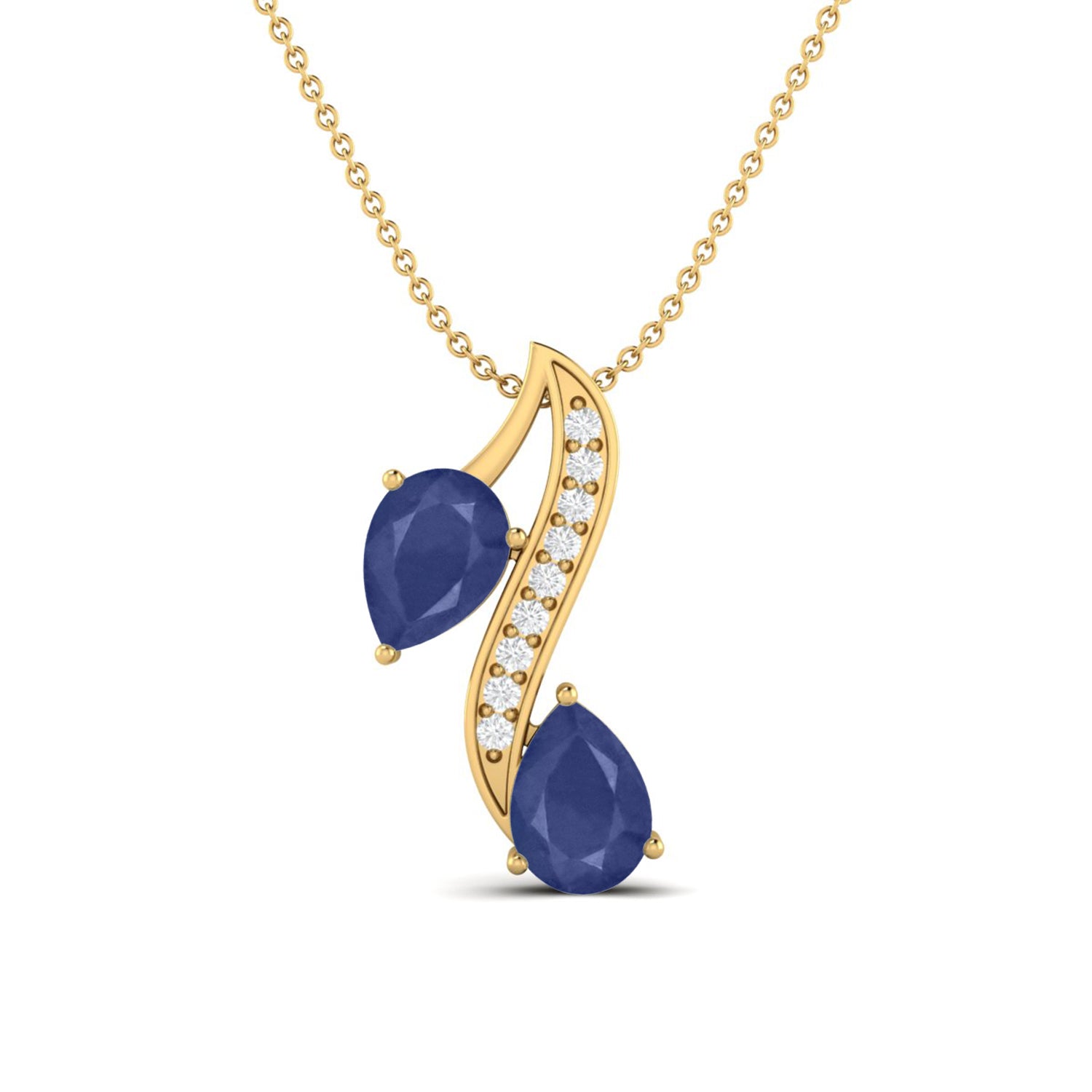Blue Sapphire Dual Drop Wave Design Pendant - 9K Yellow Gold