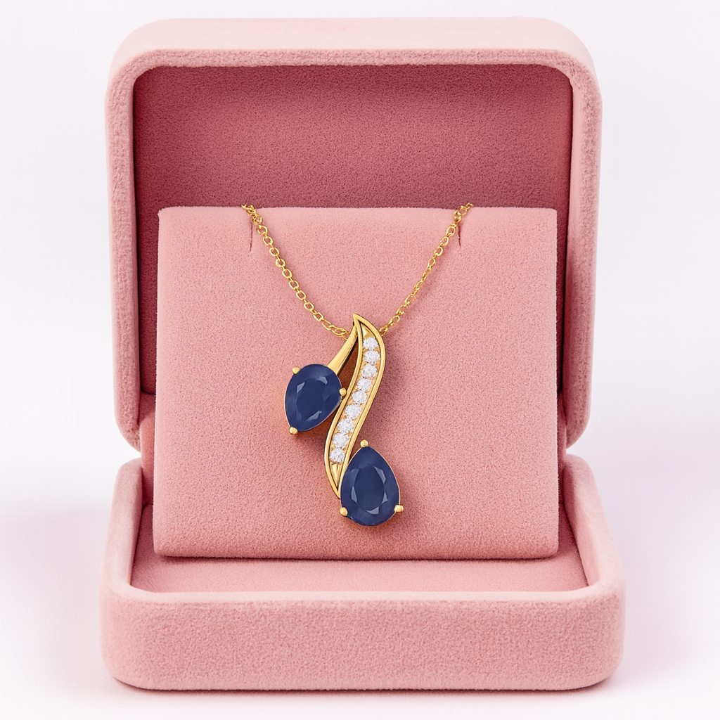 Blue Sapphire Twin Pear 2.00 Ct Curved Accent Pendant - 14k Yellow Gold