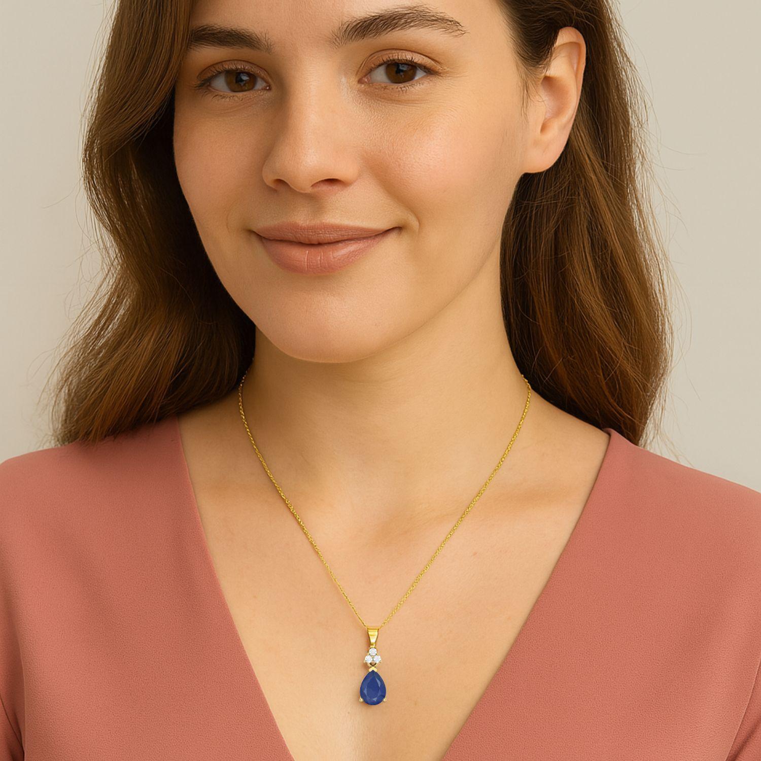 Blue Sapphire Pear 1.00 Ct Classic Trio Accent Pendant - 14k Yellow Gold