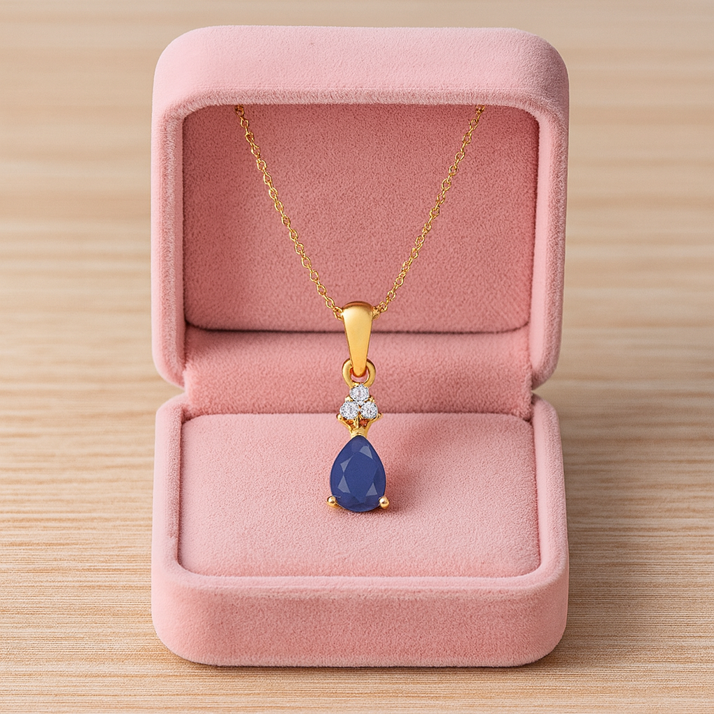 Blue Sapphire Pear 1.00 Ct Classic Trio Accent Pendant - 14k Yellow Gold