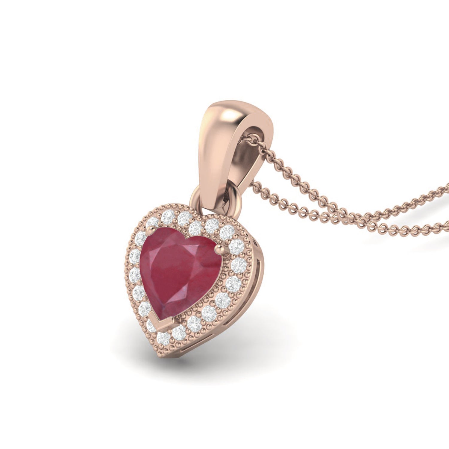 Ruby 0.75 Ct Heart Solitaire Halo Accent Necklace – 14k Fine Yellow Gold