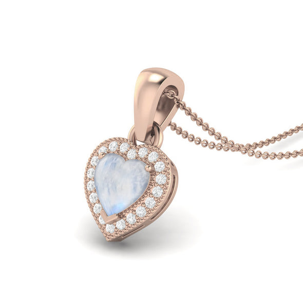 6MM Heart Shaped Genuine Moonstone Gemstone Love Pendant Necklace, 925 Sterling Silver Platinum Plated Chain Necklace