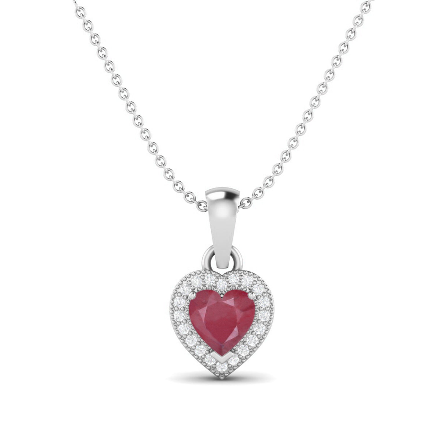 Ruby 0.75 Ct Heart Solitaire Halo Accent Necklace – 14k Fine Yellow Gold