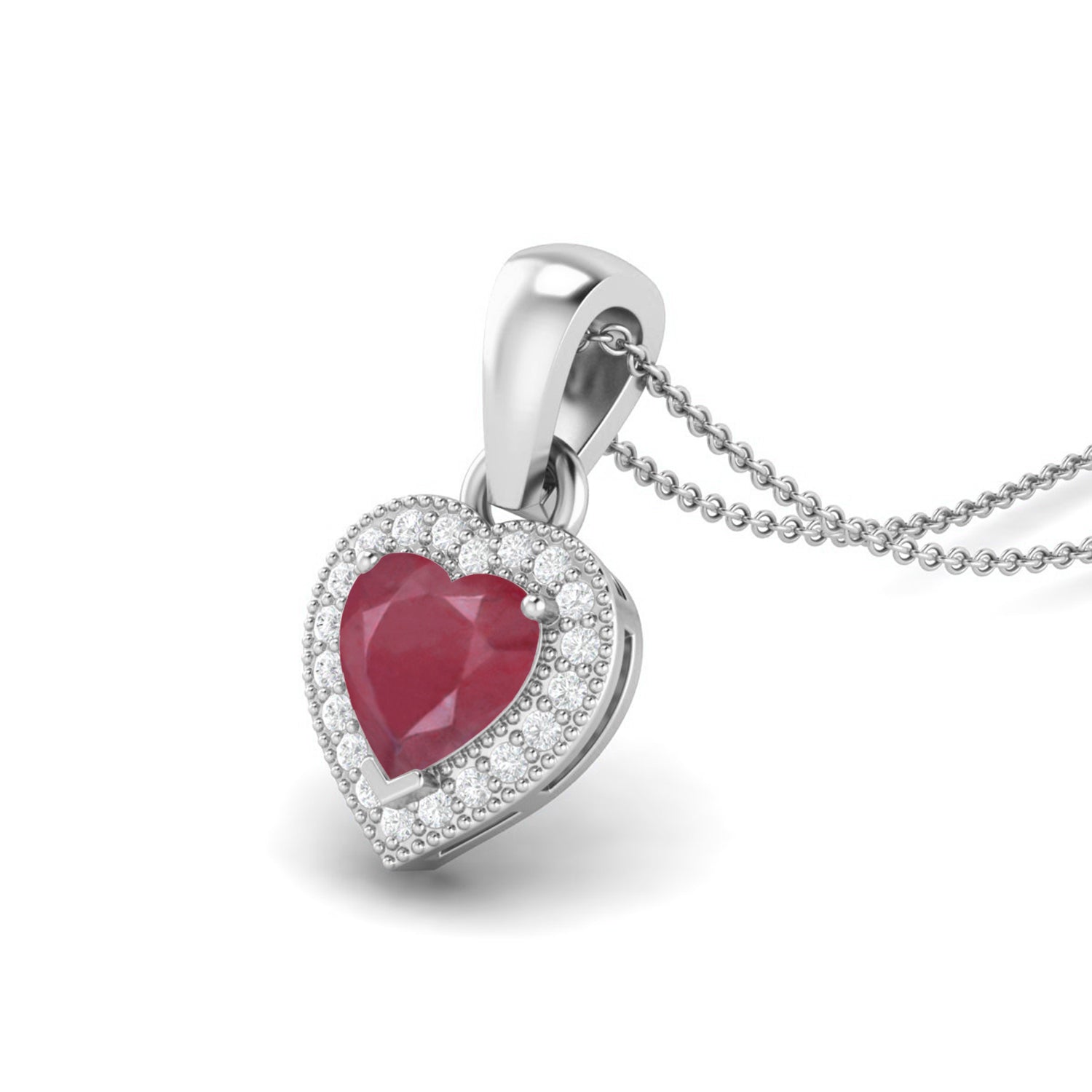 Ruby 0.75 Ct Heart Solitaire Halo Accent Necklace – 14k Fine Yellow Gold