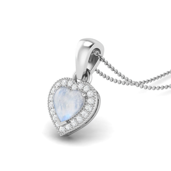 6MM Heart Shaped Genuine Moonstone Gemstone Love Pendant Necklace, 925 Sterling Silver Platinum Plated Chain Necklace