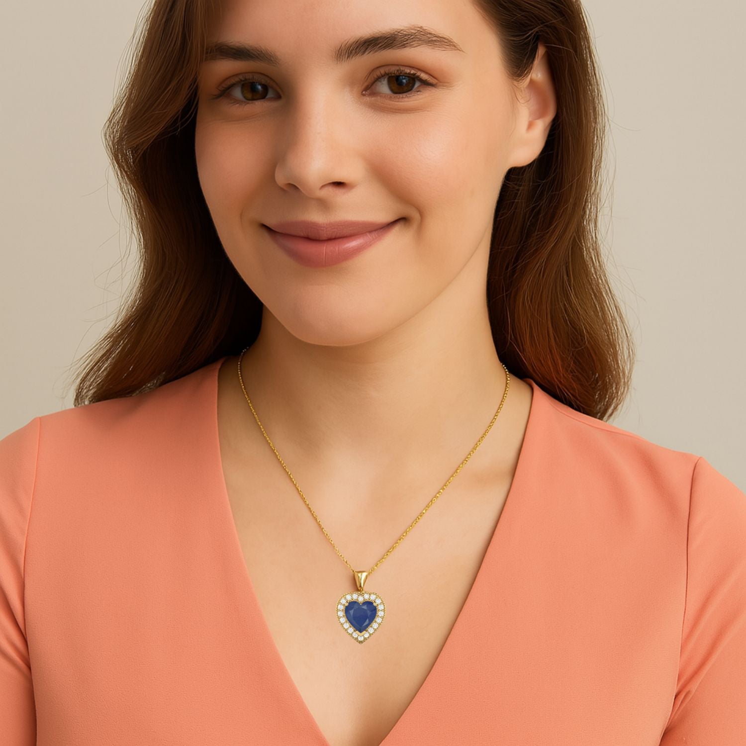 Blue Sapphire Halo Necklace - 9K Yellow Gold