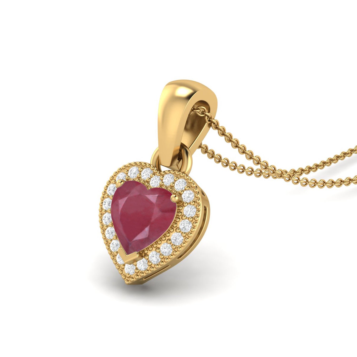 Ruby 0.75 Ct Heart Solitaire Halo Accent Necklace – 14k Fine Yellow Gold