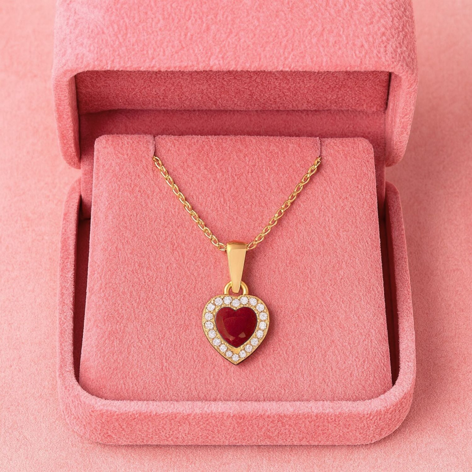 Ruby 0.75 Ct Heart Solitaire Halo Accent Necklace – 14k Fine Yellow Gold