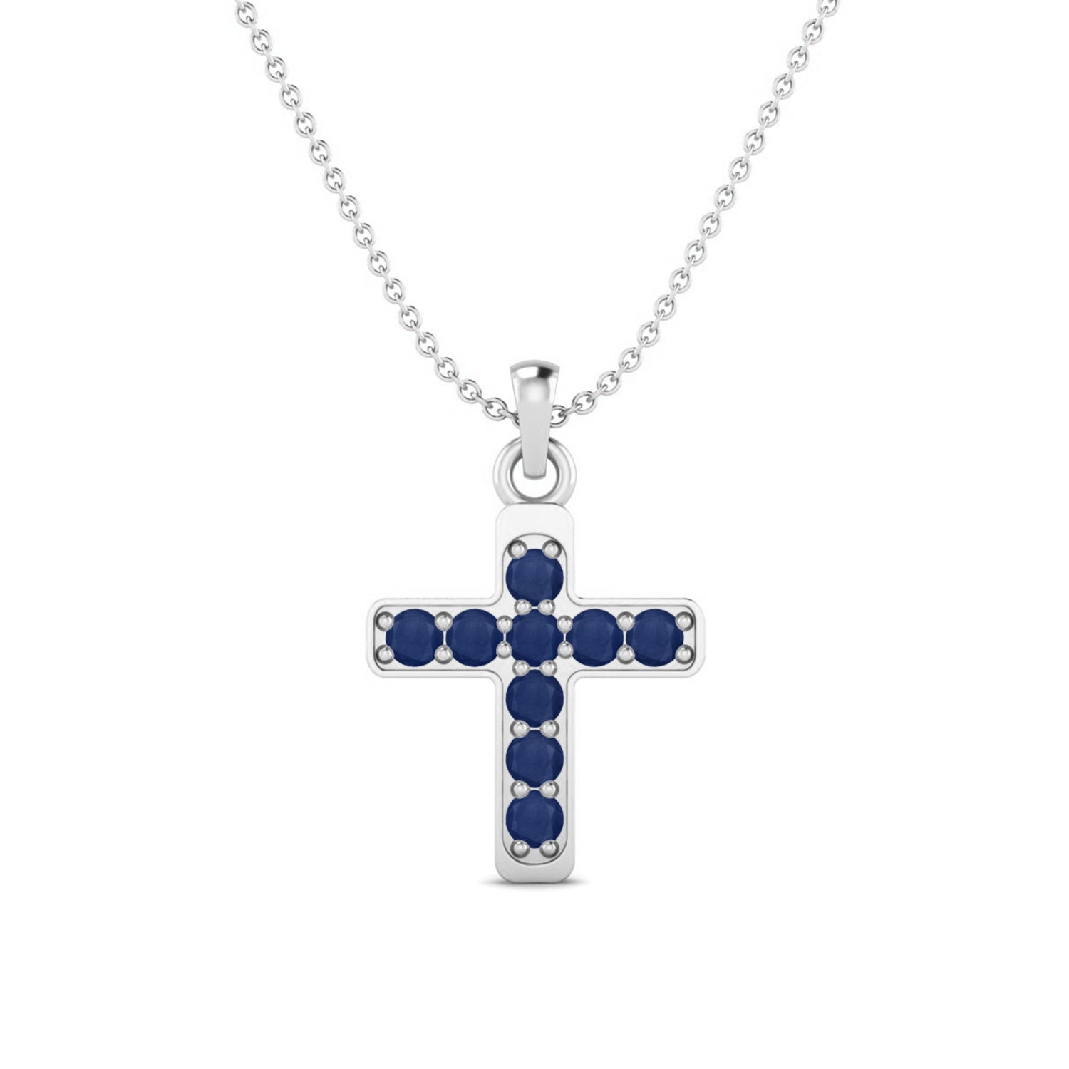 Blue Sapphire Religious Cross Pendant- Sterling Silver