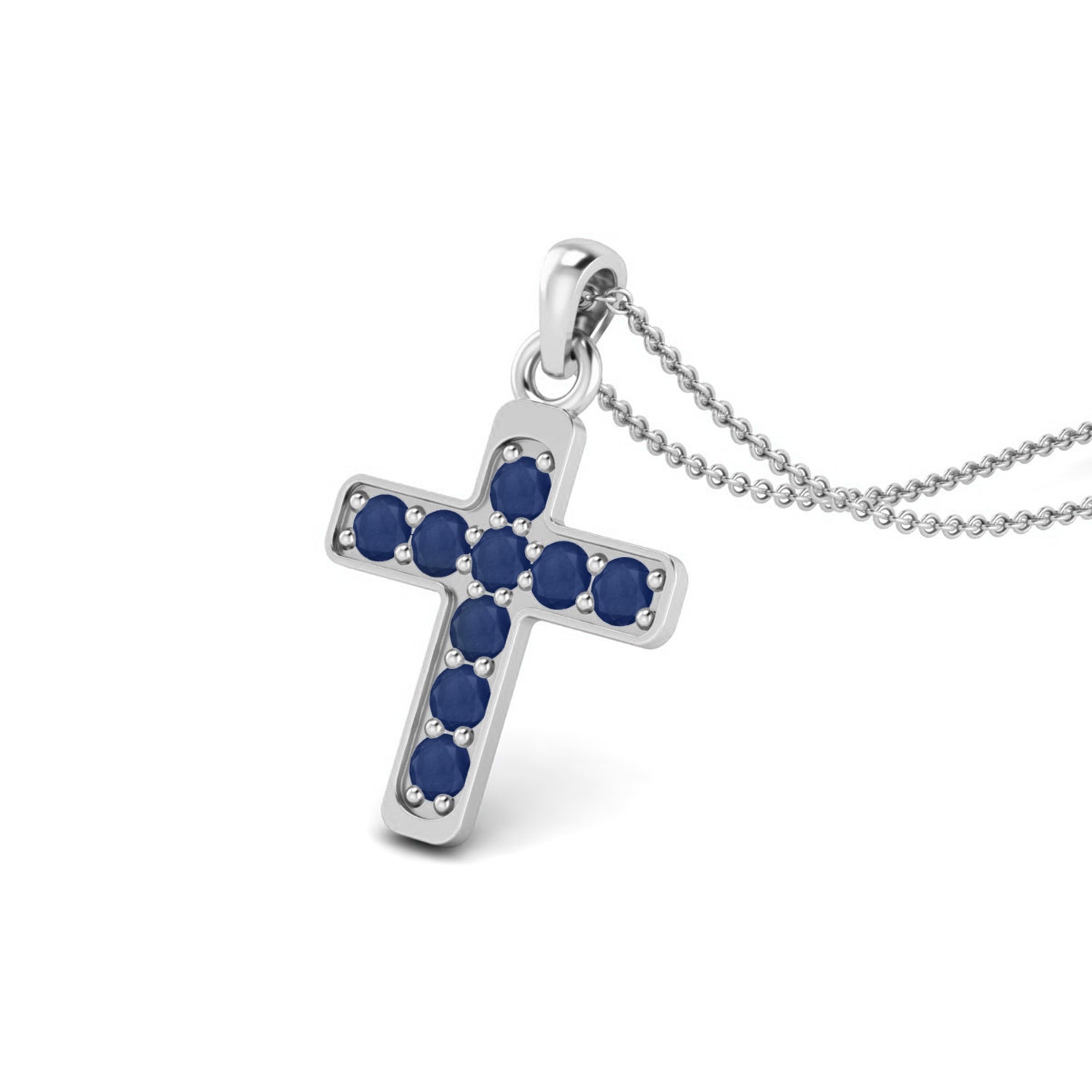 Blue Sapphire Religious Cross Pendant- Sterling Silver