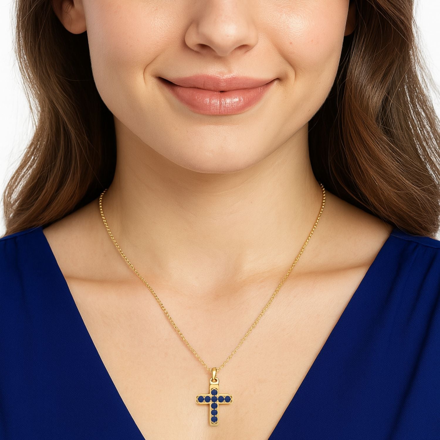 Blue Sapphire Religious Charm Pendant - 9K Yellow Gold