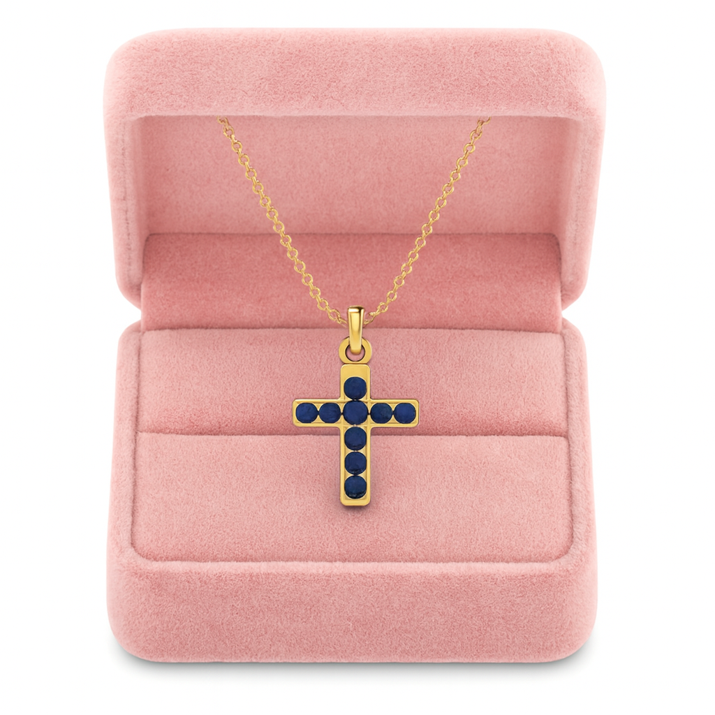 Blue Sapphire 1.35 Ct Round Cluster Cross Pendant - 14k Yellow Gold