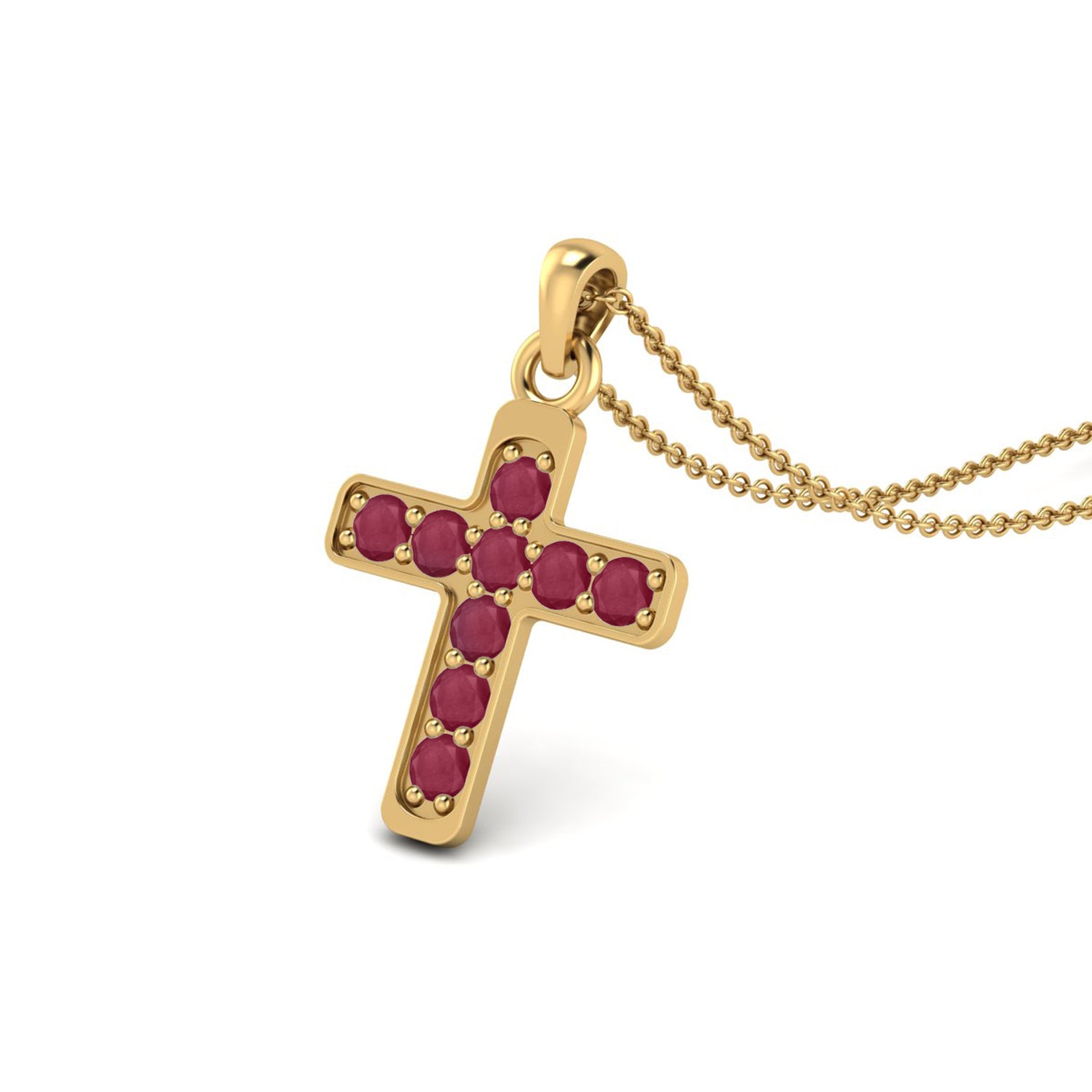 Ruby 1.35 Ct Round Classic Cross Faith Necklace - 14k Fine Yellow Gold