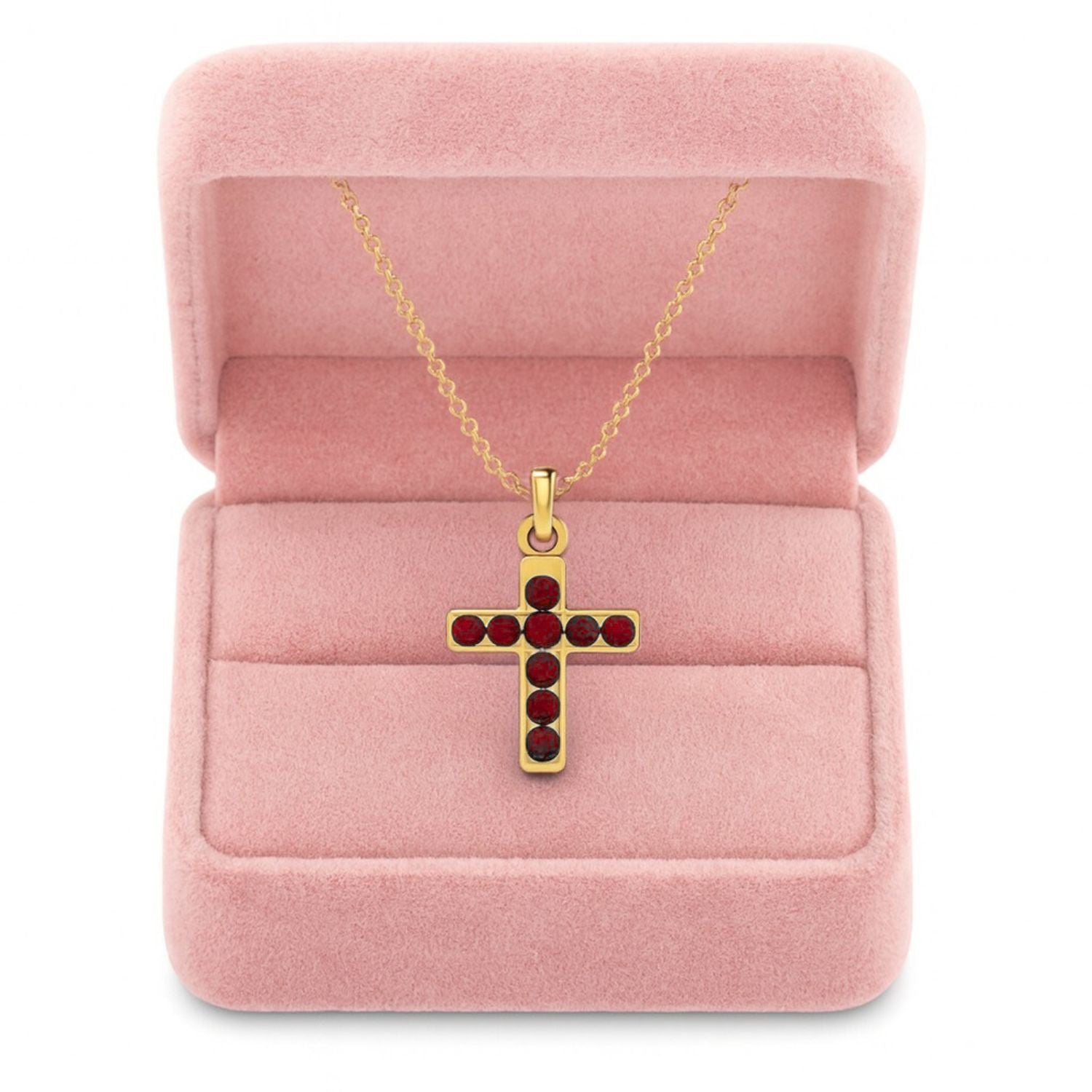Ruby 1.35 Ct Round Classic Cross Faith Necklace - 14k Fine Yellow Gold