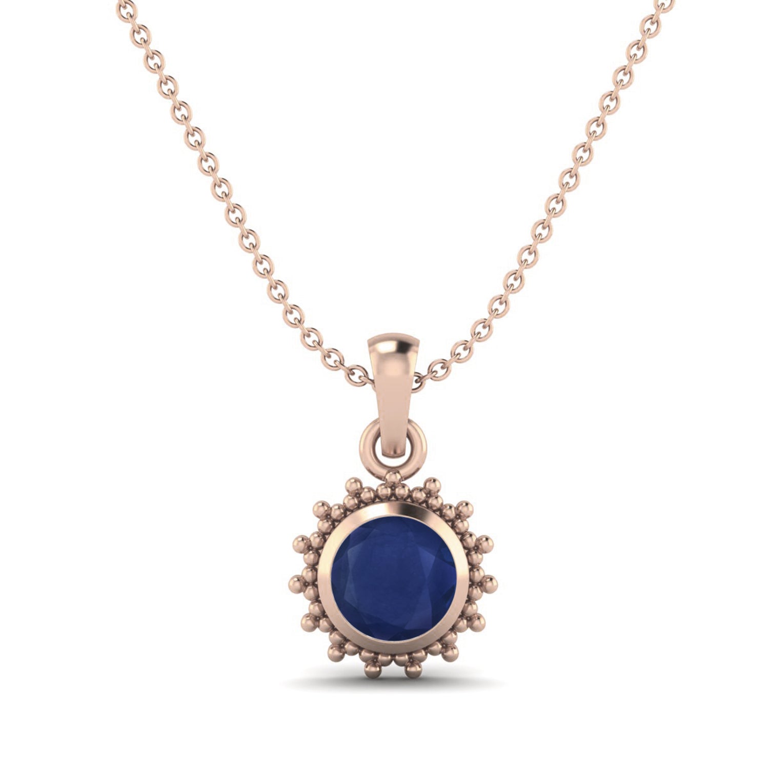 Blue Sapphire Round 1.20 Ct Vintage Beaded Halo Design Pendant -14k Yellow Gold