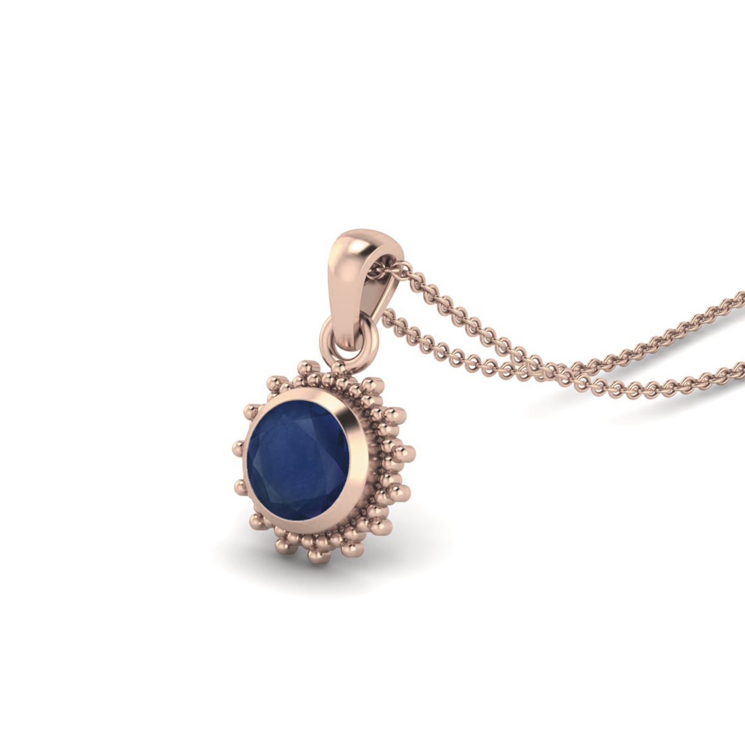 Blue Sapphire Round 1.20 Ct Vintage Beaded Halo Design Pendant -14k Yellow Gold