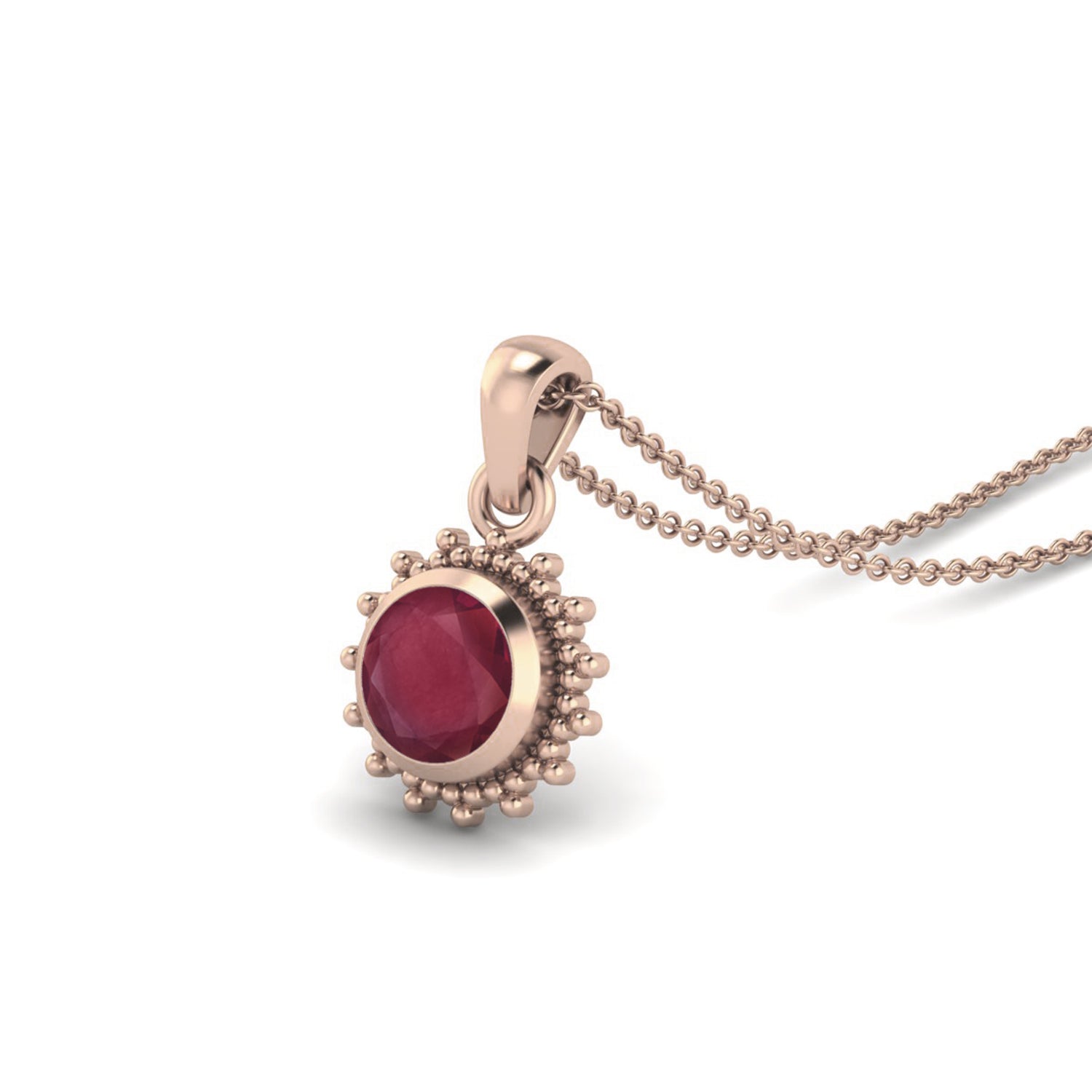 Ruby 0.75 Ct Round Vintage Beaded Halo Necklace – 14k Yellow Gold