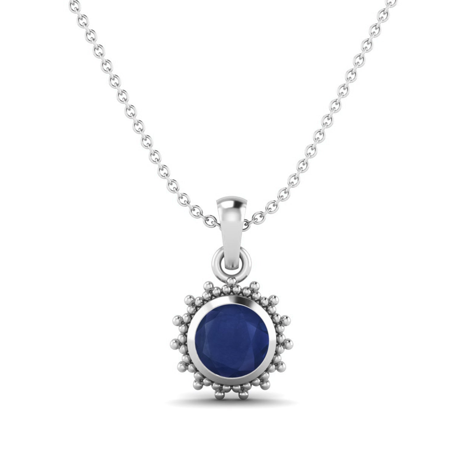 Blue Sapphire Round Solitaire Pendant - Sterling Silver