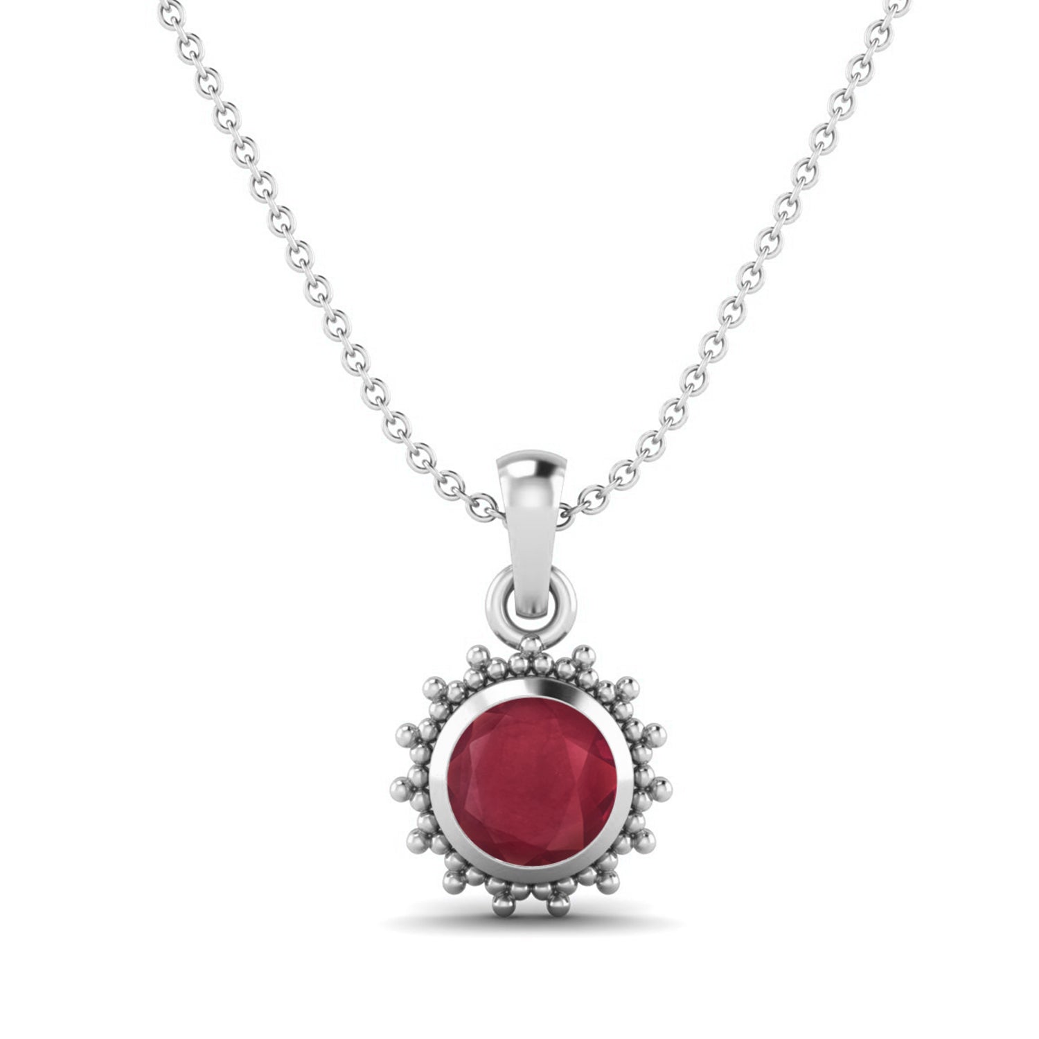 Ruby 0.75 Ct Round Vintage Beaded Halo Necklace – 14k Yellow Gold