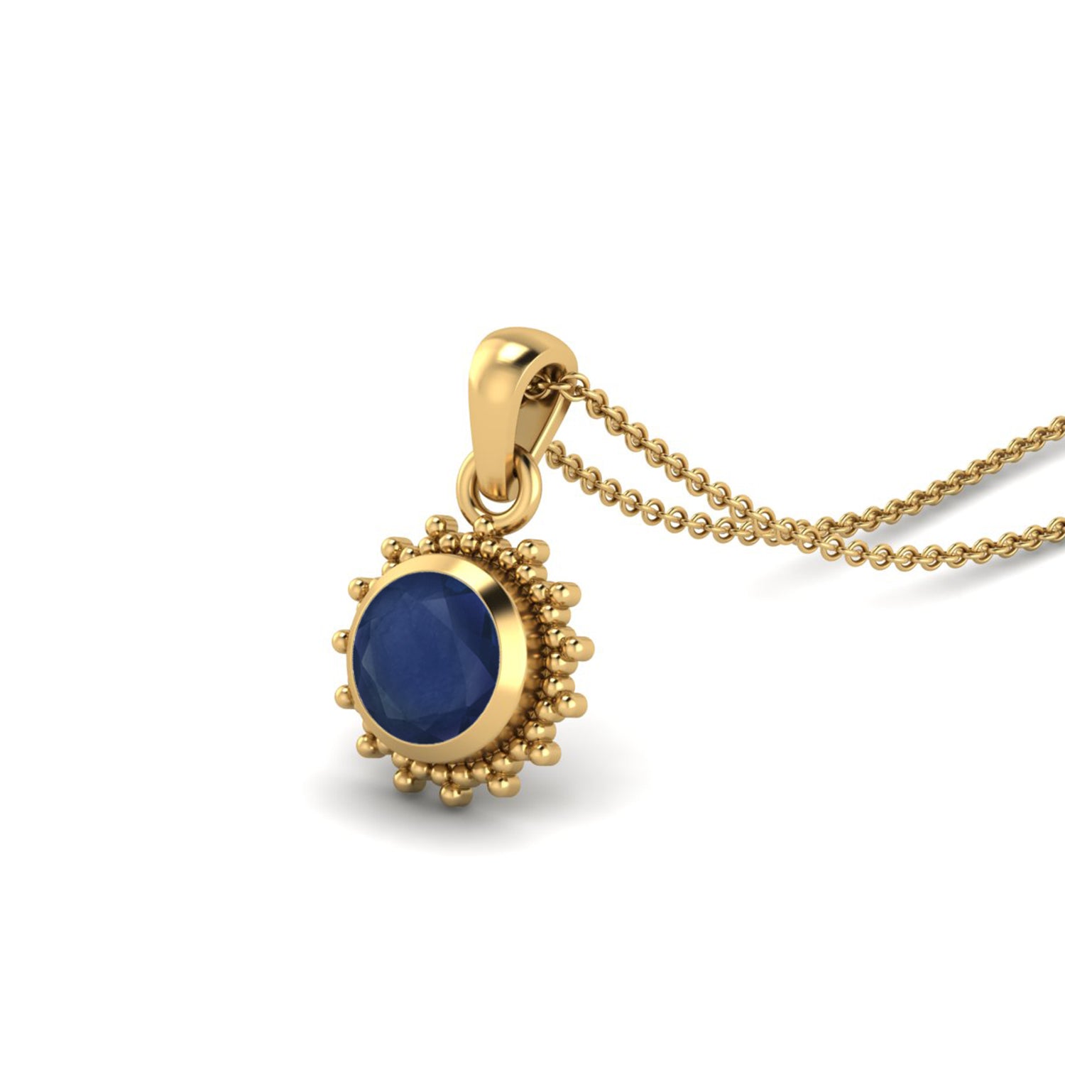 Blue Sapphire Round 1.20 Ct Vintage Beaded Halo Design Pendant -14k Yellow Gold