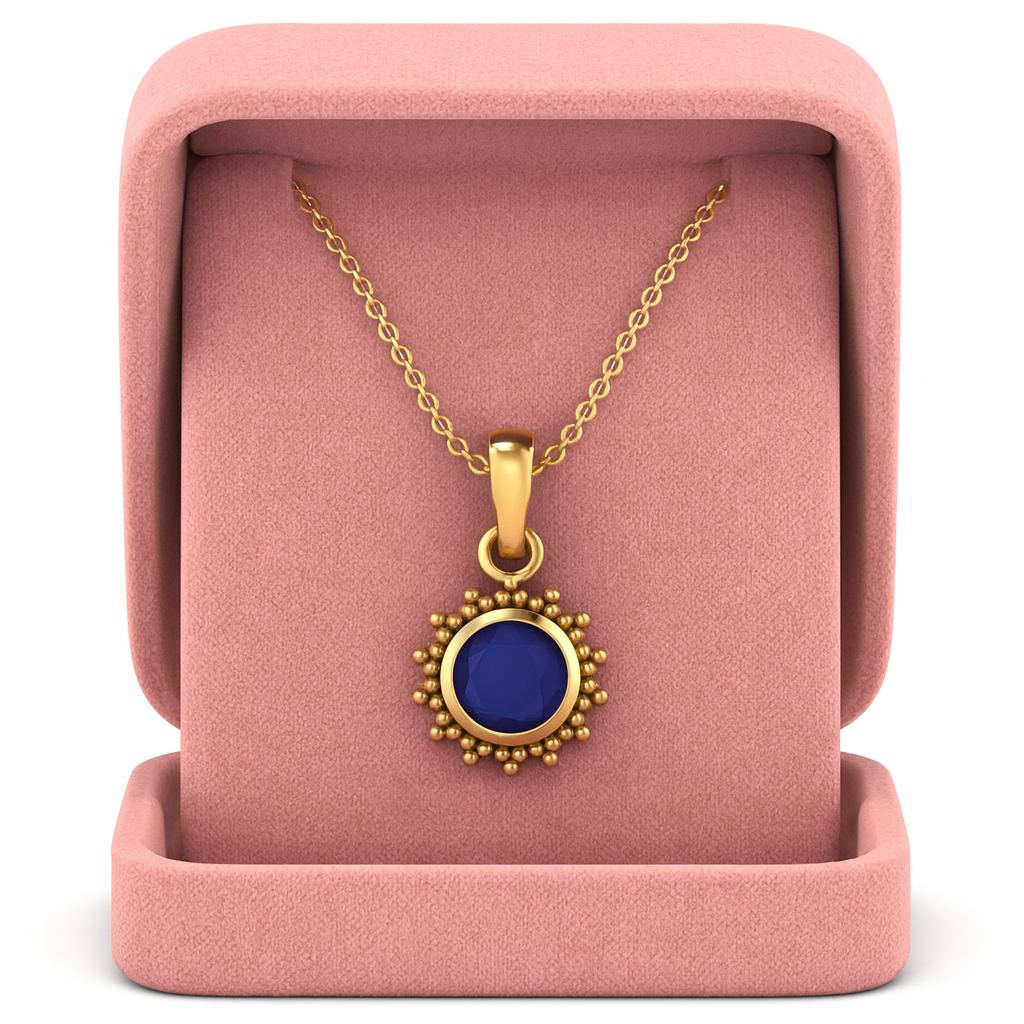 Blue Sapphire Round 1.20 Ct Vintage Beaded Halo Design Pendant -14k Yellow Gold