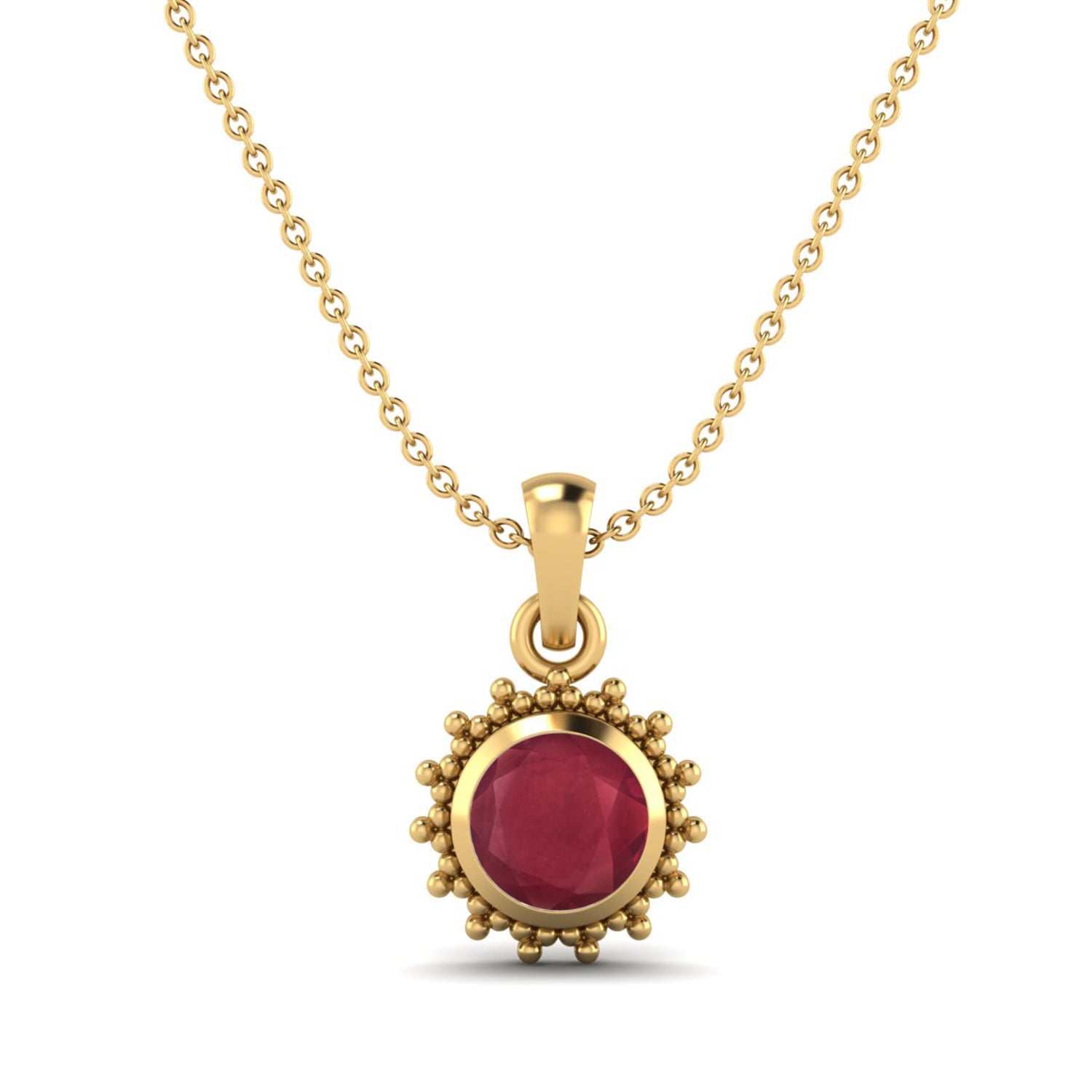 Ruby 0.75 Ct Round Vintage Beaded Halo Necklace – 14k Yellow Gold