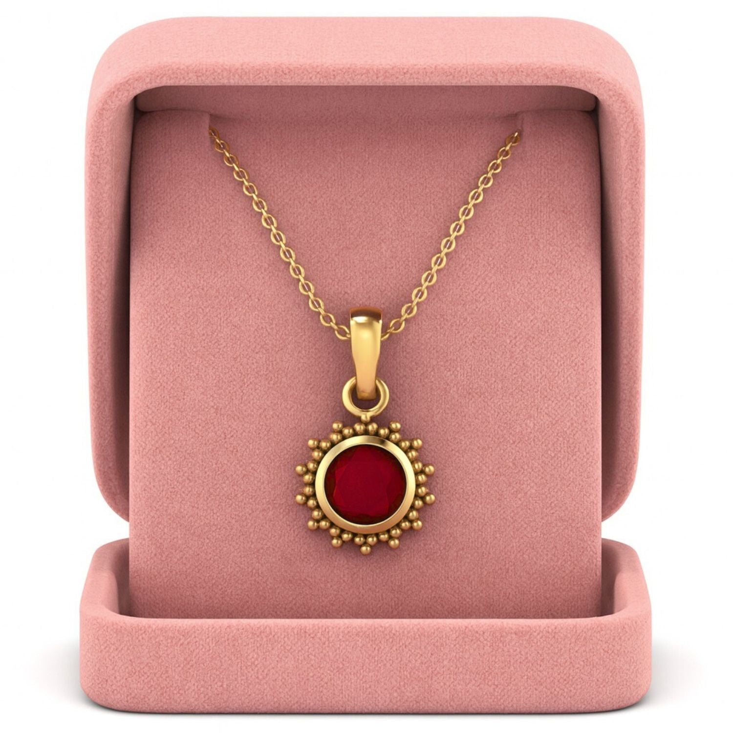 Ruby 0.75 Ct Round Vintage Beaded Halo Necklace – 14k Yellow Gold