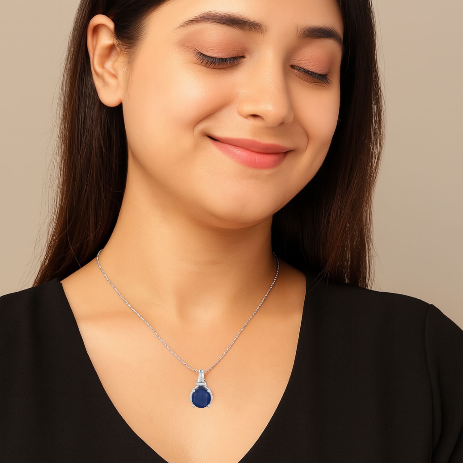 Blue Sapphire Solitaire Pendant - Sterling Silver