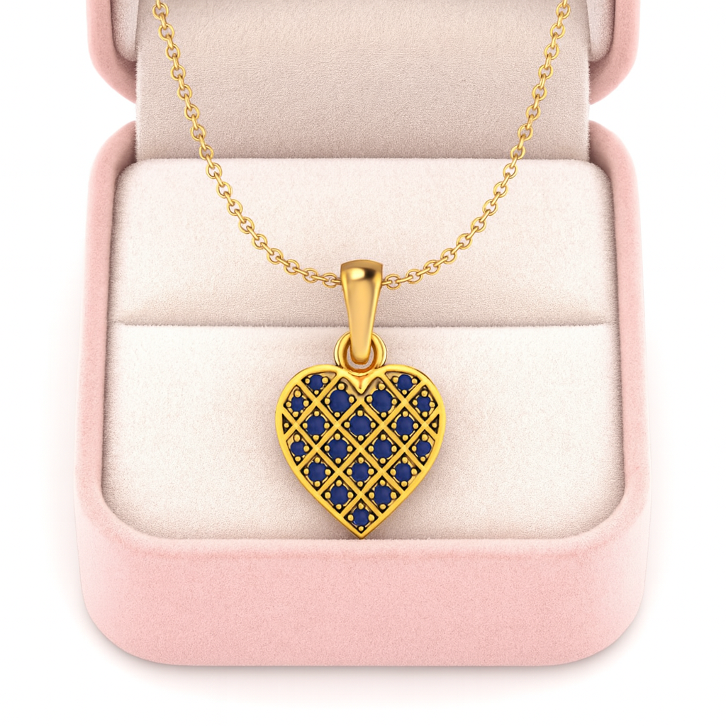 Blue Sapphire 1.05 Ct mm Round Cluster Lattice Heart Pendant - 14k Yellow Gold