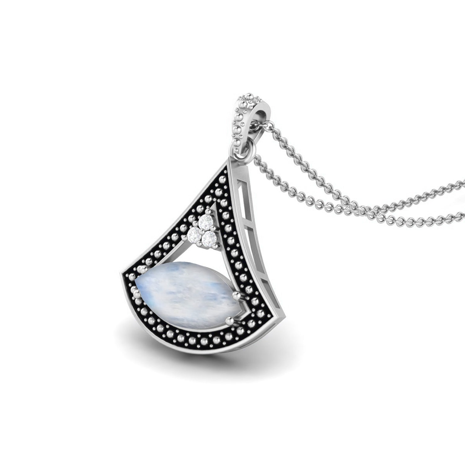 Moonstone Marquise Black Enamel Pendant - Sterling Silver