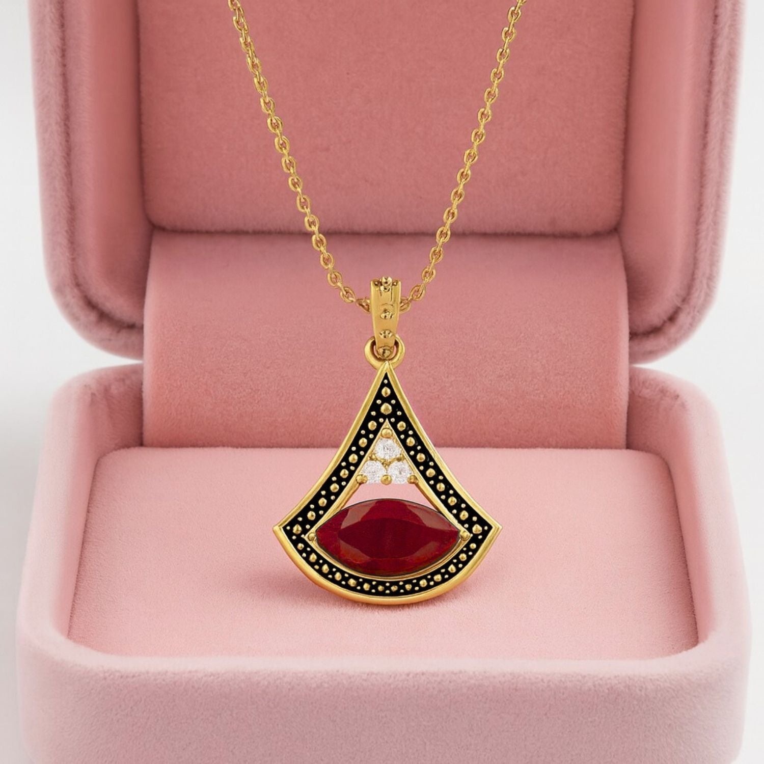 Ruby 4.15 Ct Marquise Art Deco Statement Necklace – 14k Fine Yellow Gold