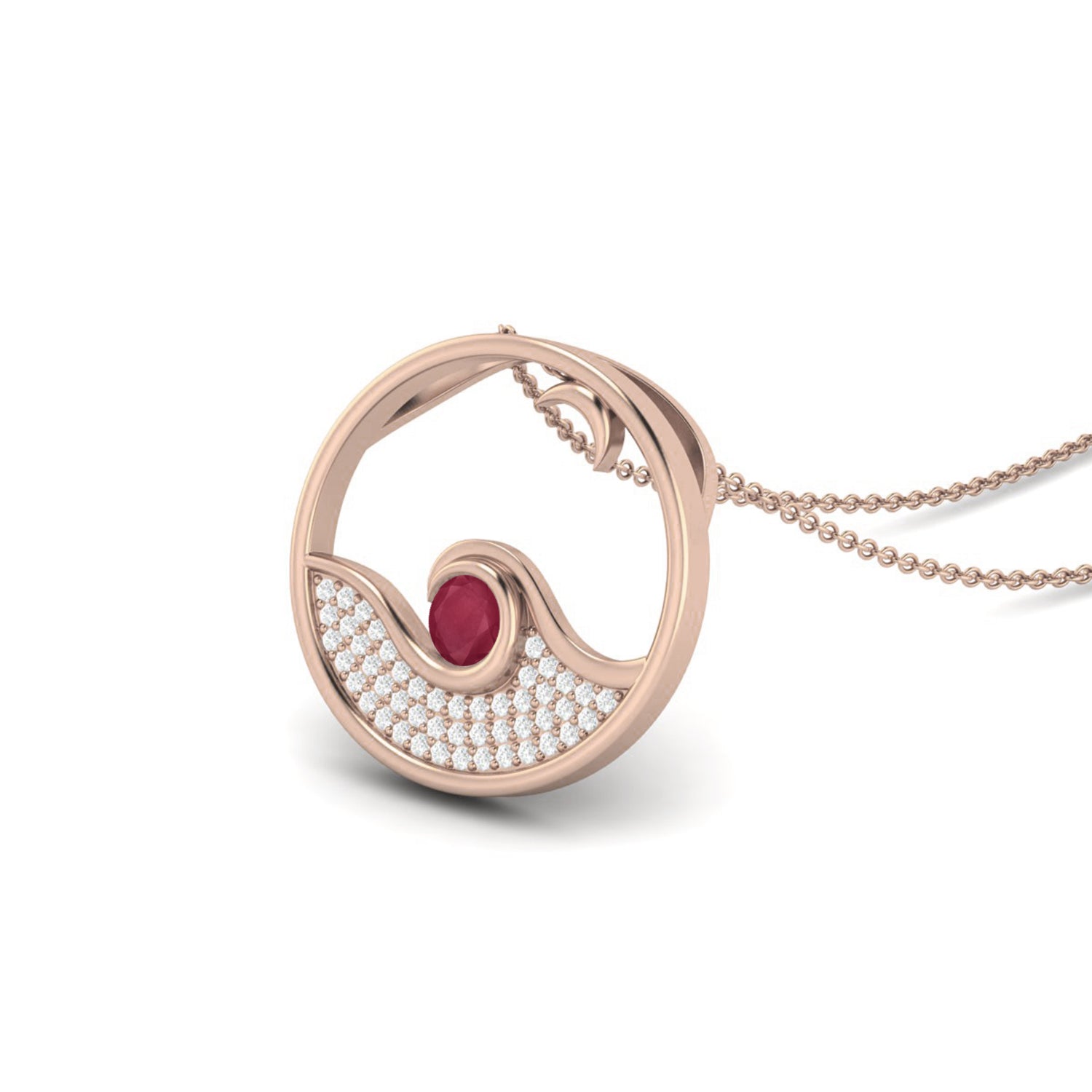 Ruby 0.25 Ct Round Ocean Wave Circle Necklace – 14k Yellow Gold