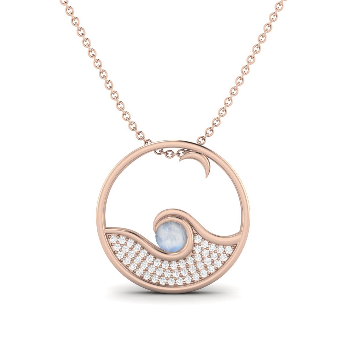 Collana con catena a spirale in argento sterling 925 e pietra preziosa di luna rotonda con cerchio aperto