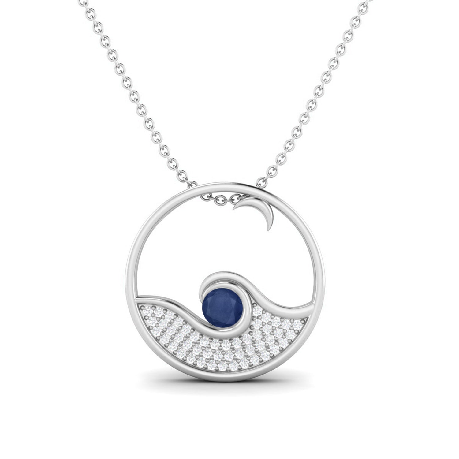 Blue Sapphire Ocean Wave Pendant - Sterling Silver